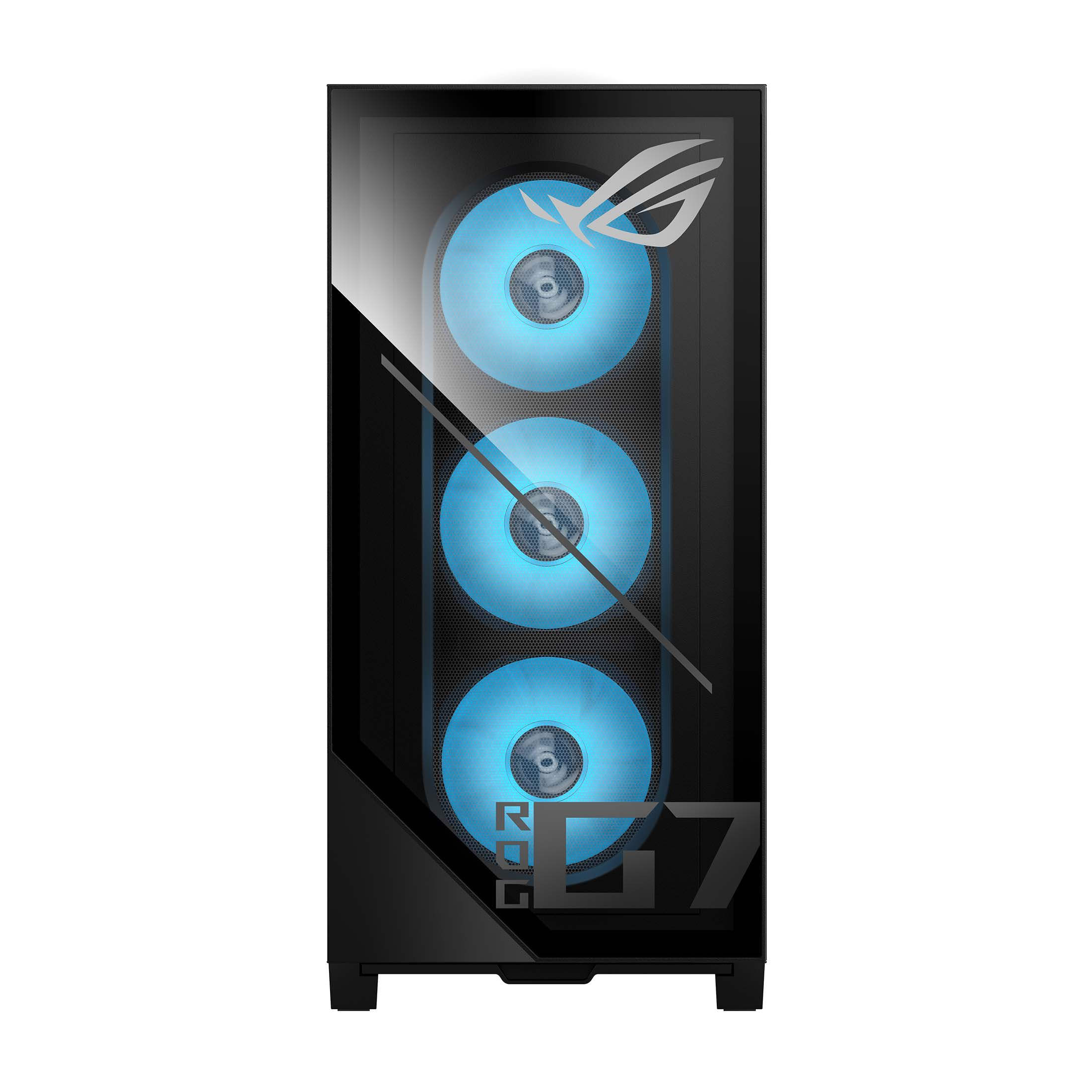 Schwarzer PC-Gehäuse mit blauen Lüftern und ROG-Logo.