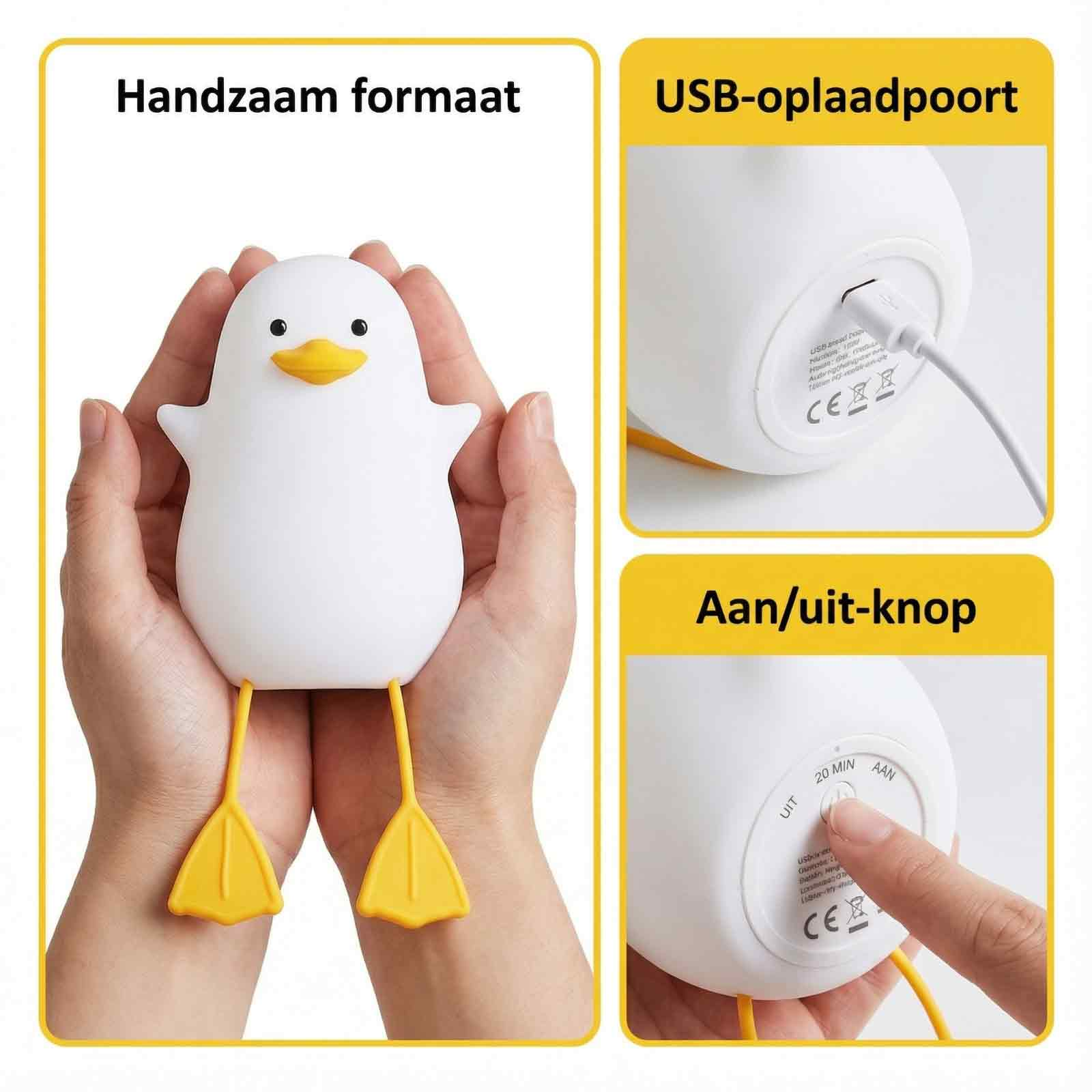 Weiße Ente mit gelben Füßen wird in Händen gehalten. USB-Anschluss.