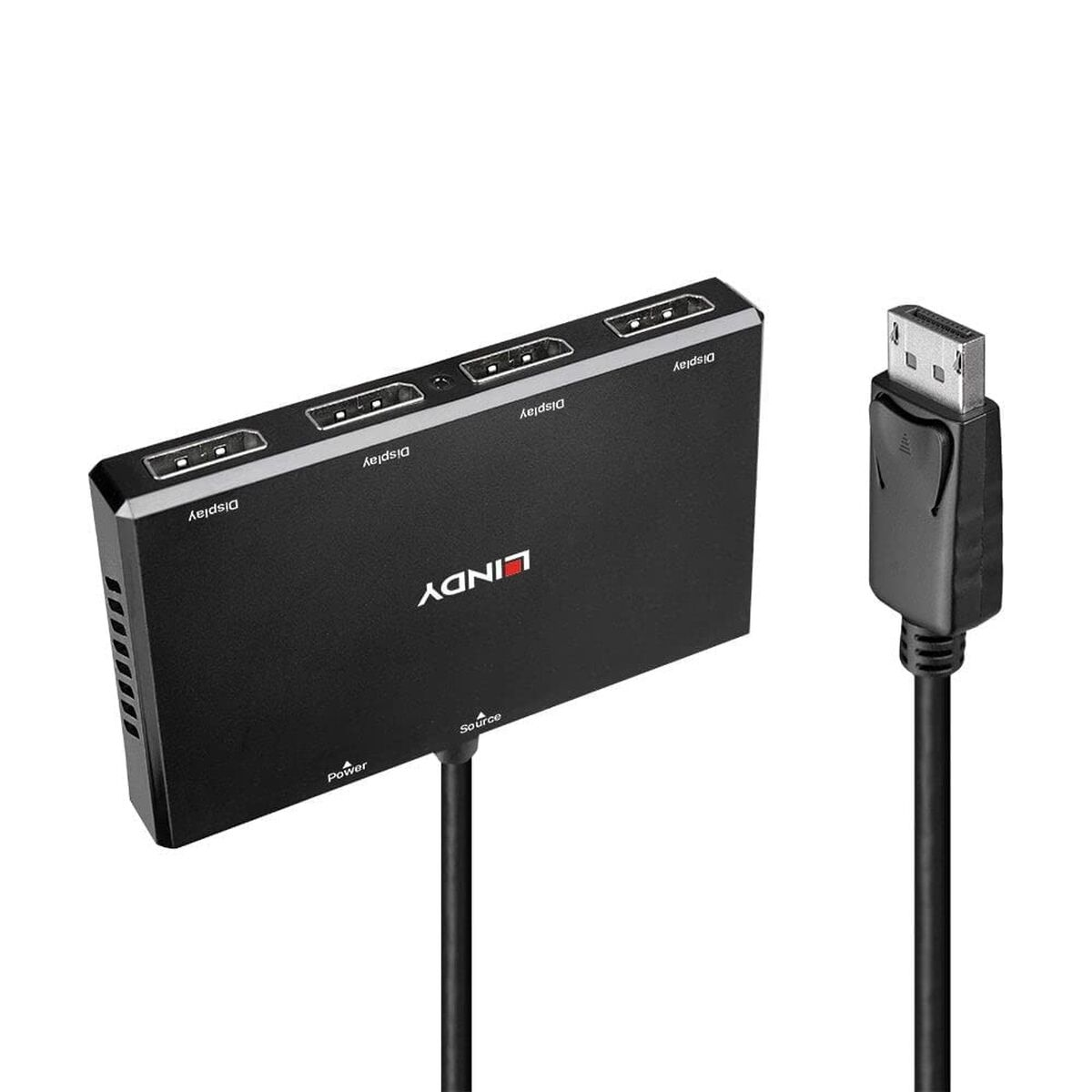 Schwarzer Lindy DisplayPort-Splitter mit drei HDMI-Ausgängen und einem DisplayPort-Eingang.