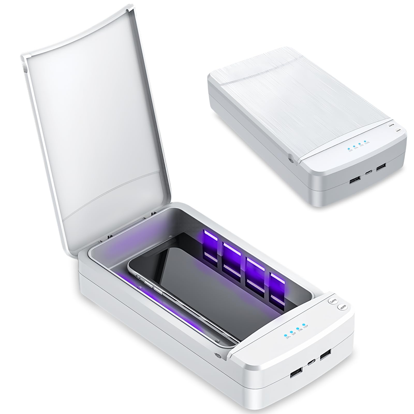 Ein weißes UV-Sterilisationsgerät für Telefone mit offenem Deckel.