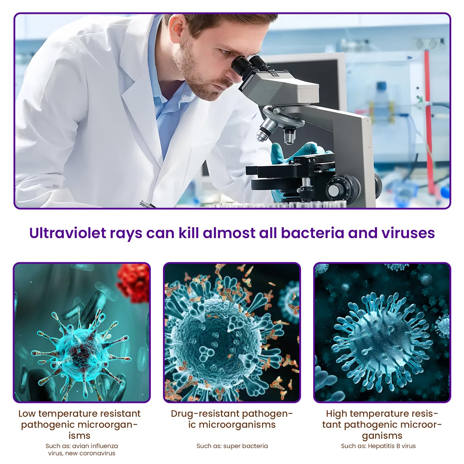 Wissenschaftler untersucht Viren unter einem Mikroskop, drei Viren-Nahaufnahmen.