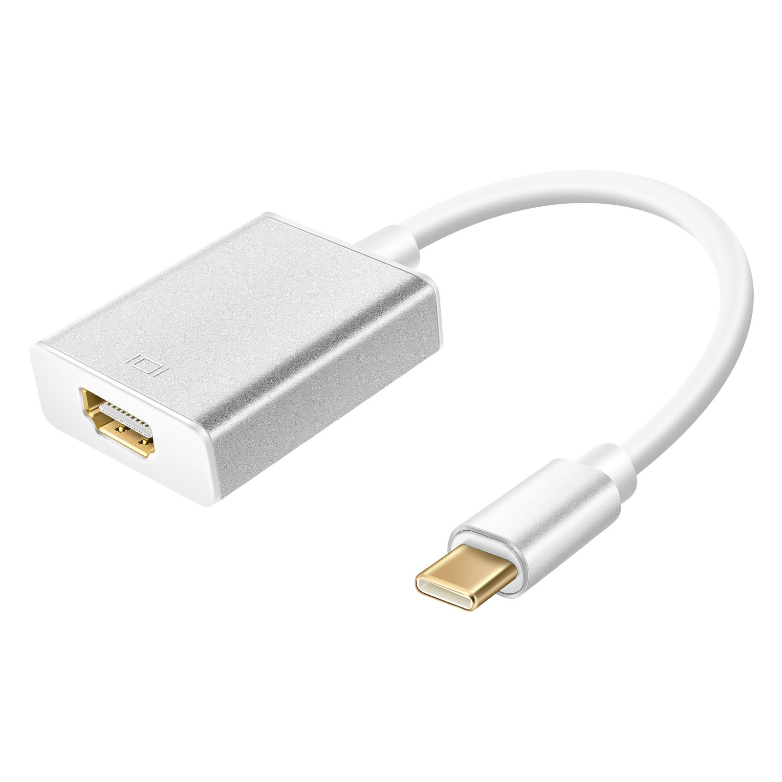 Cavo bianco con connettore USB-C e adattatore HDMI. Argento.
