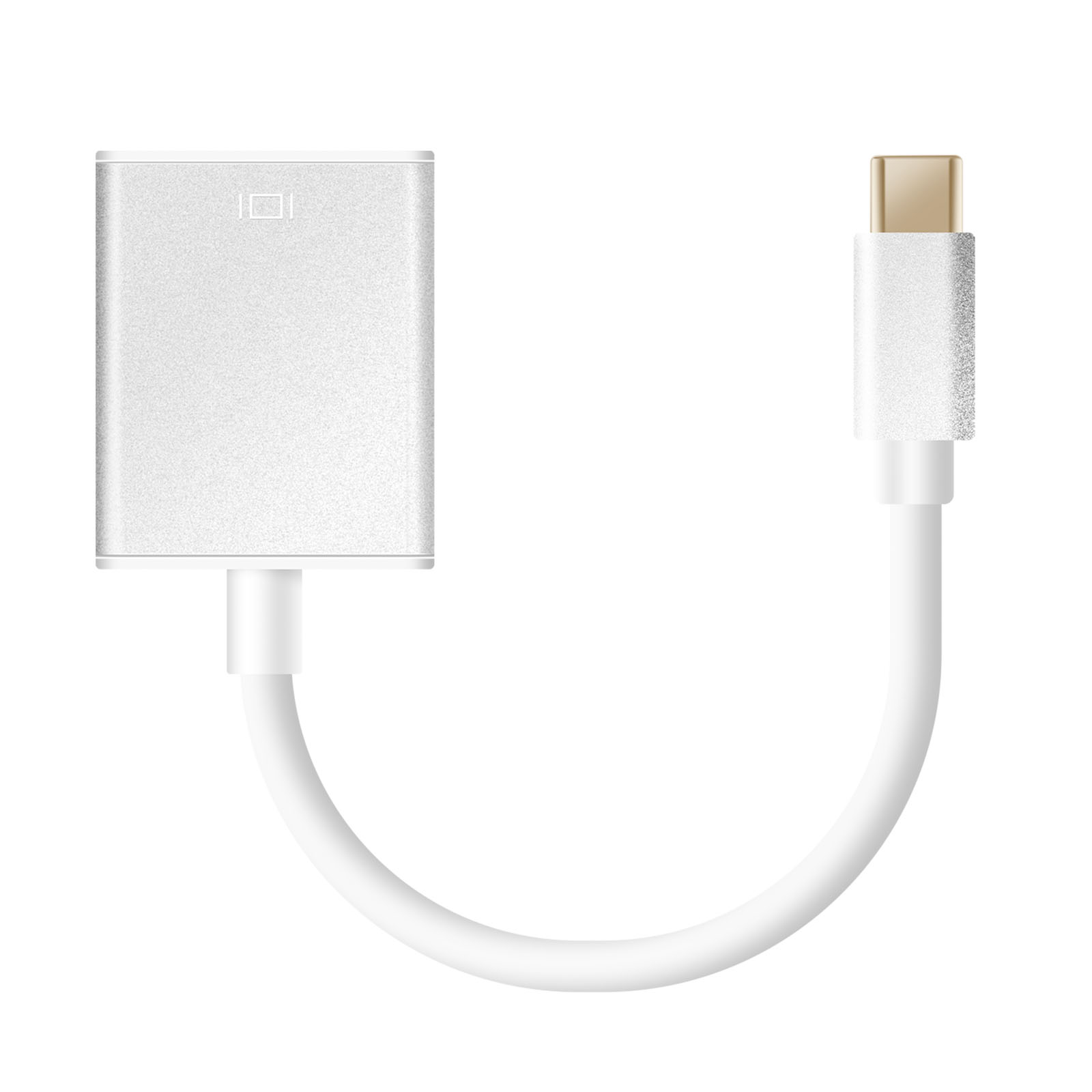 Un adattatore USB-C bianco con cavo e connettore dorato.
