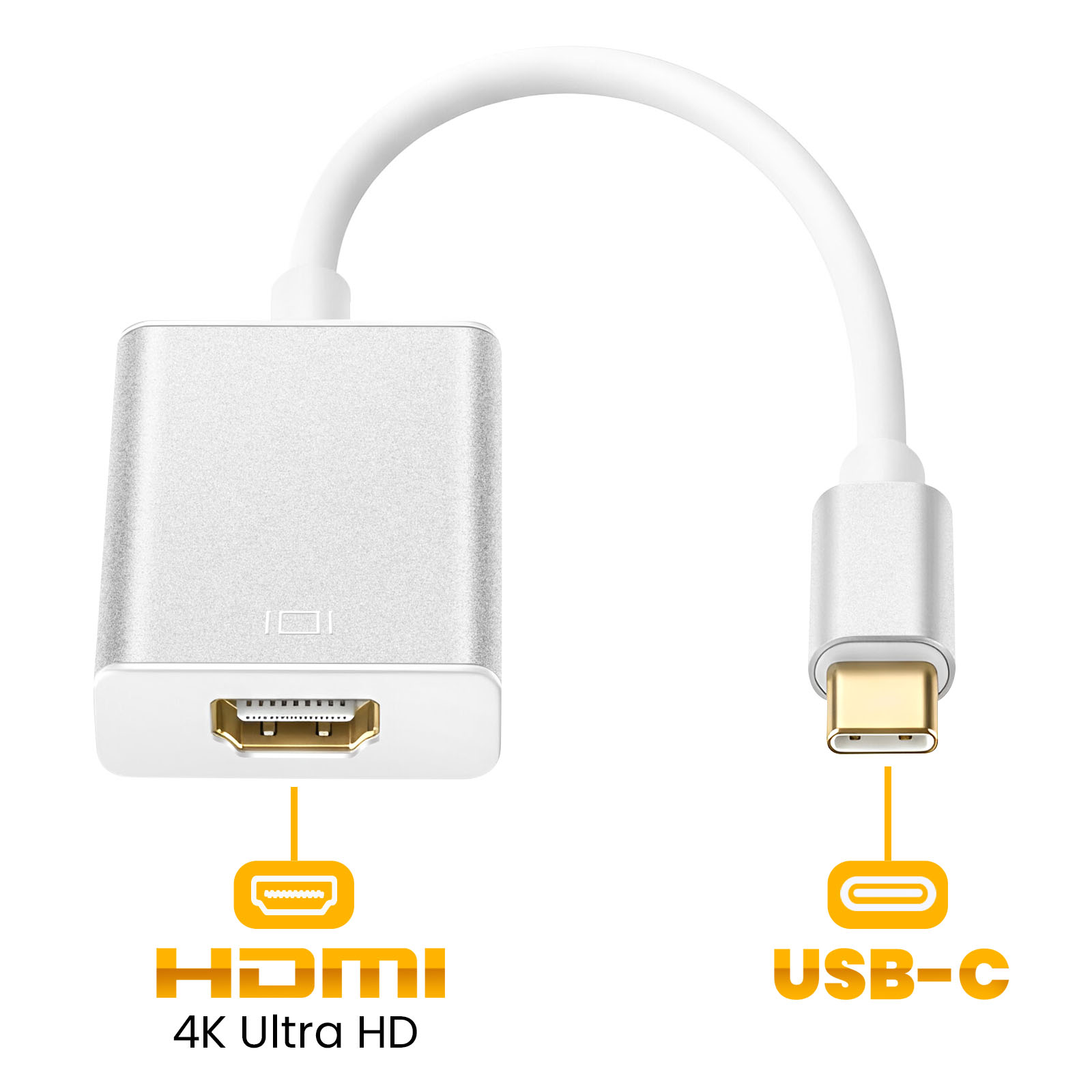 Un cavo bianco collega un adattatore HDMI a una spina USB-C.