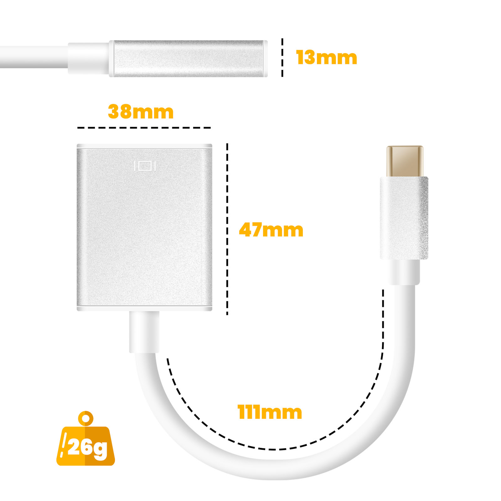 Adattatore cavo bianco con dimensioni: corpo 38x47mm, connettore 13mm, cavo 111mm.