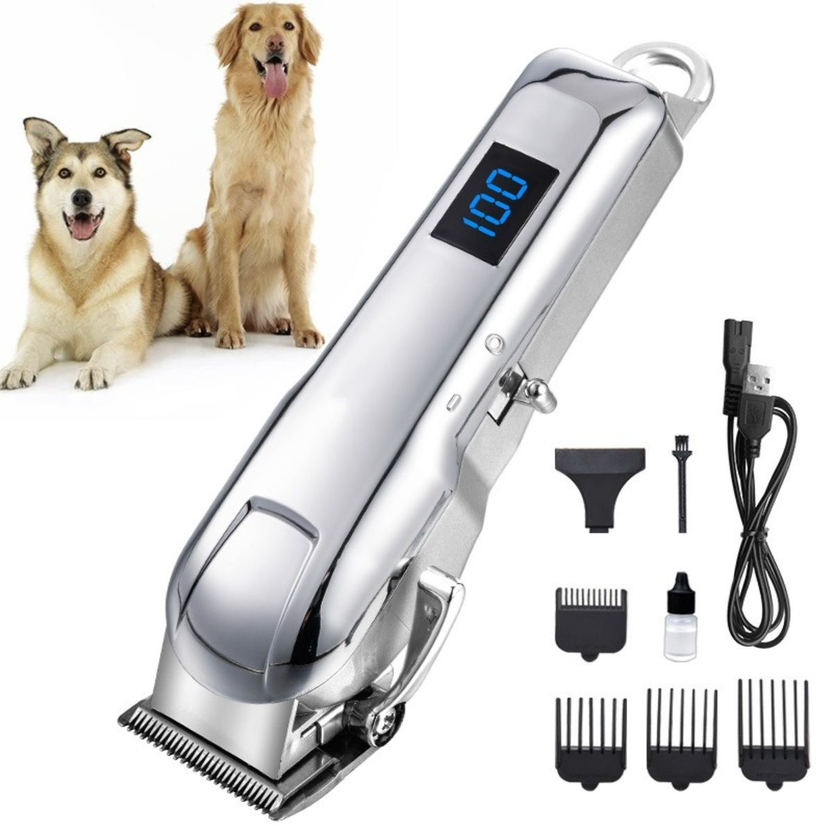 Zwei Hunde sitzen neben einem silbernen Elektroschneider mit Digitalanzeige und Zubehör.