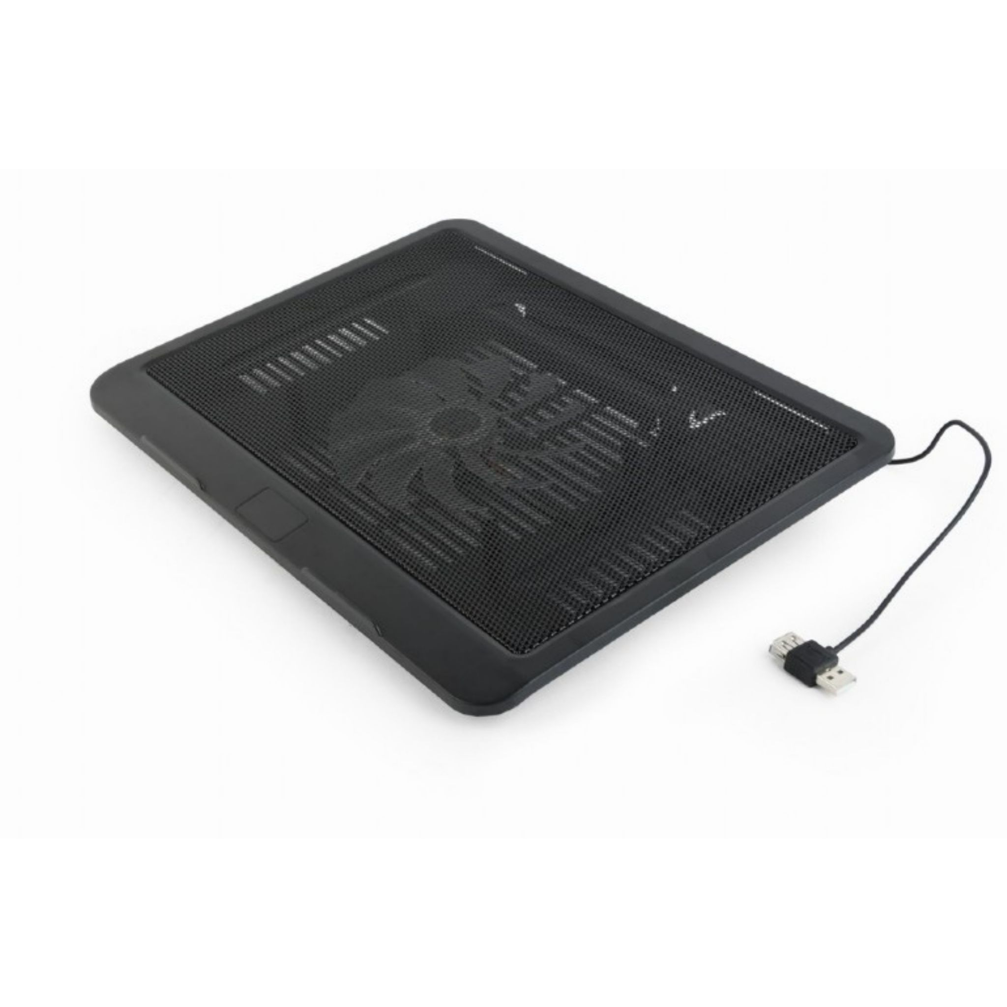Schwarzer Laptop-Kühler mit USB-Kabel und Lüftergitter.