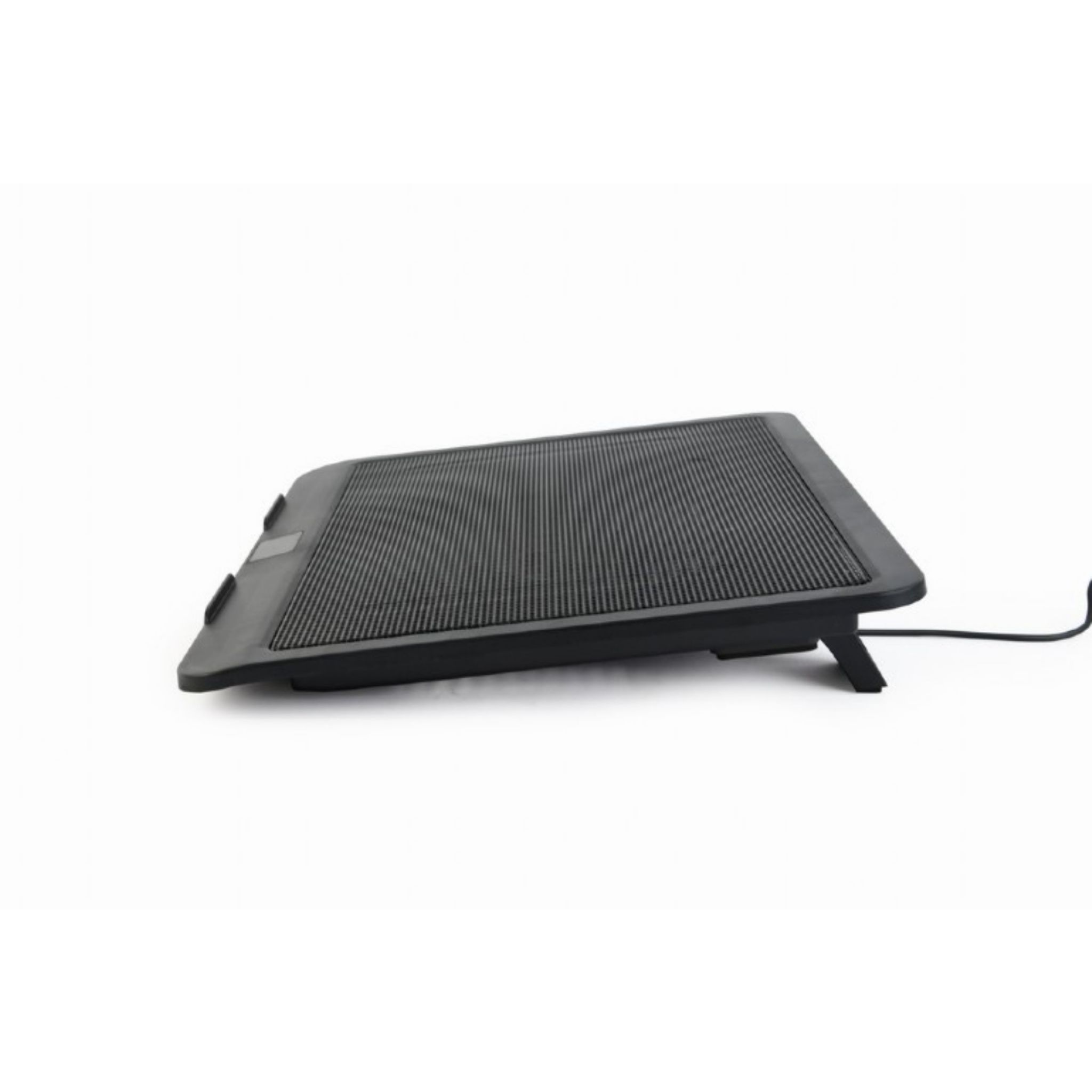 Schwarzer Laptop-Kühler mit gerippter Oberfläche und Kabel.