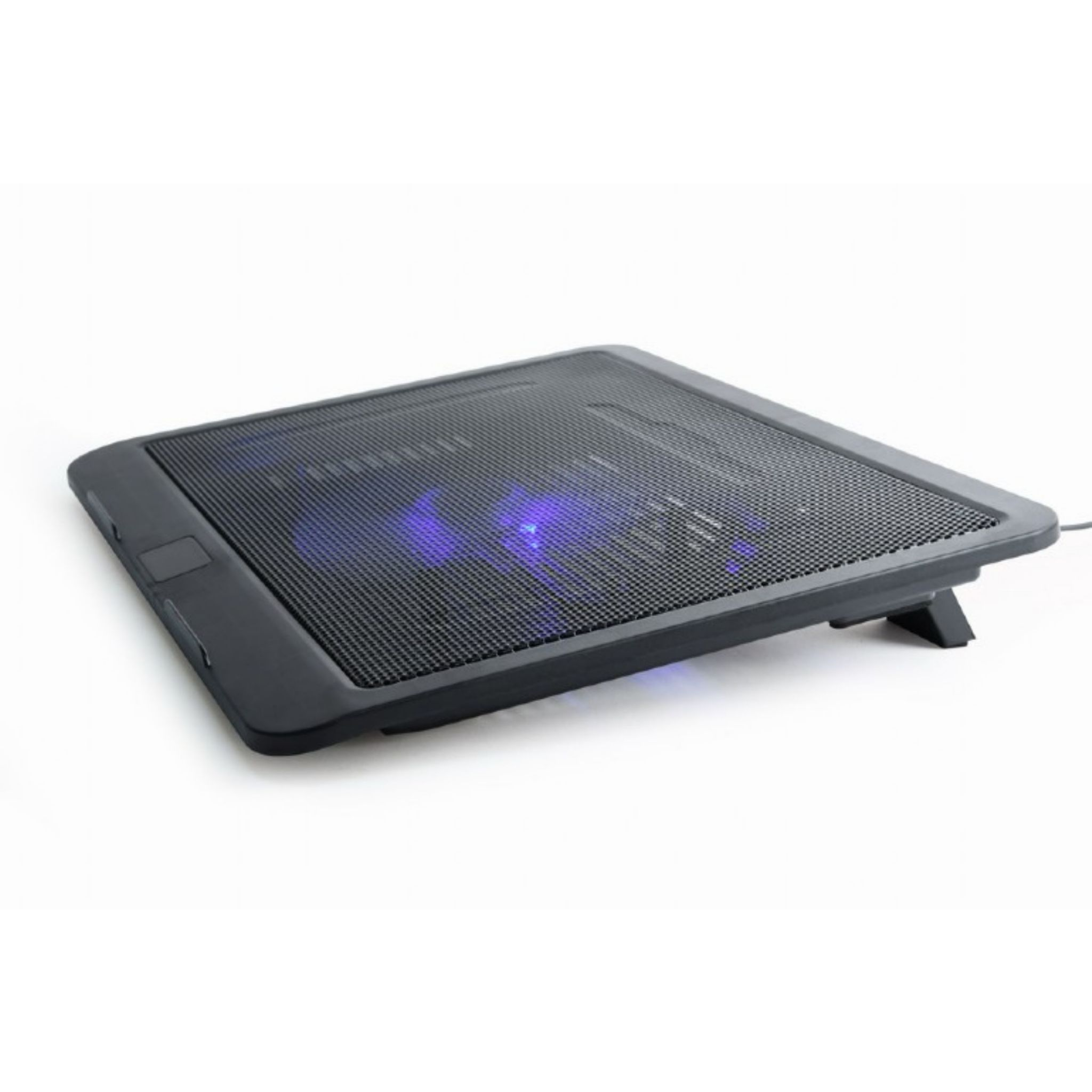 Schwarzer Laptop-Kühler mit blauen LEDs, auf weißem Hintergrund.