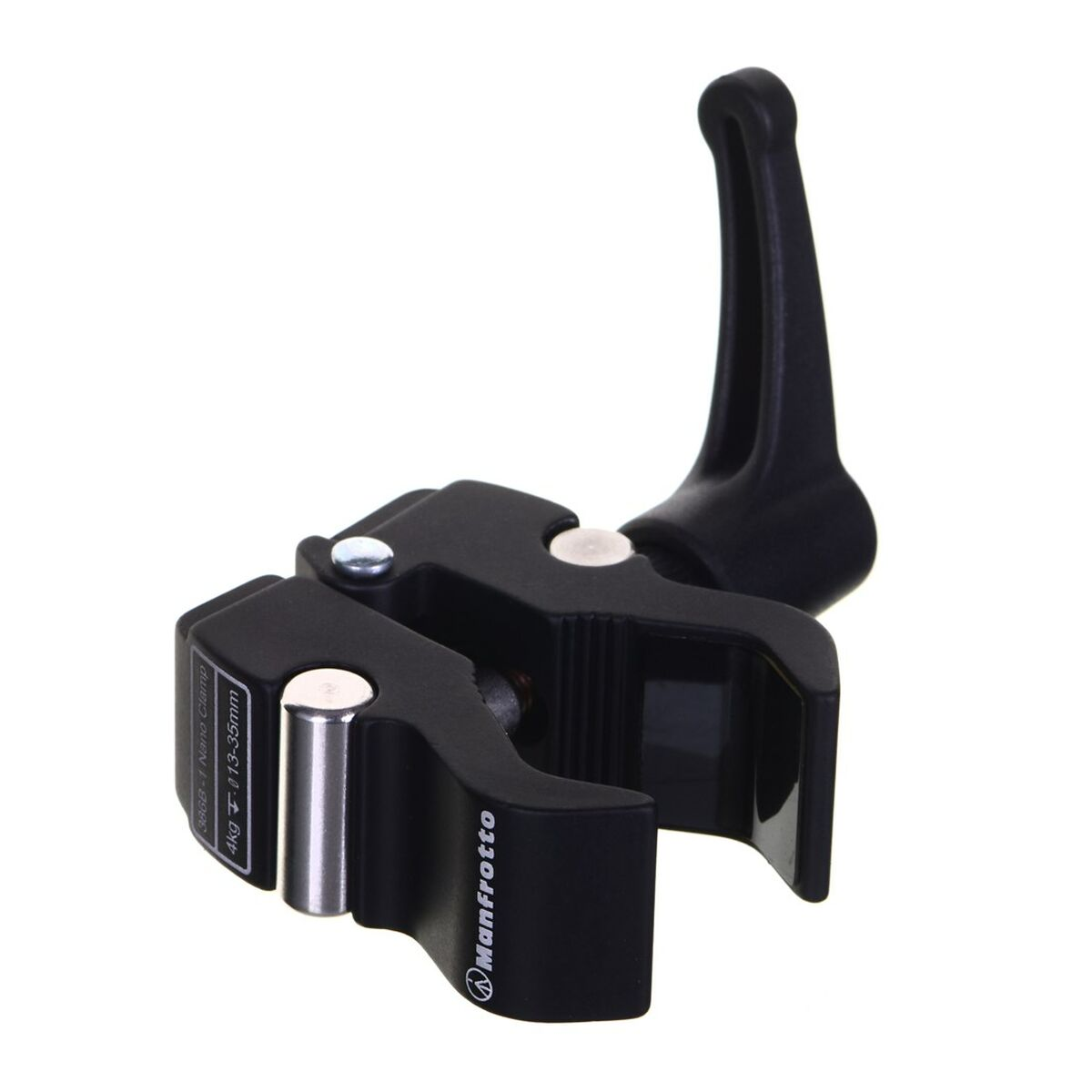 Schwarze Manfrotto Nano-Klemme mit silbernen Akzenten und Hebel, auf weißem Grund.