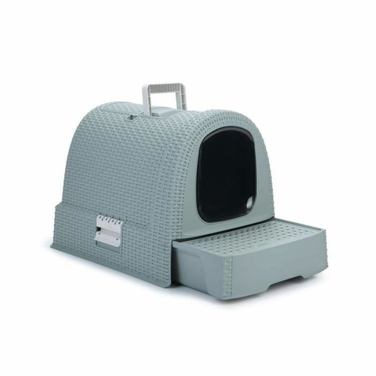 Graue Katzenklo-Box mit Tür und herausziehbarer Schublade.
