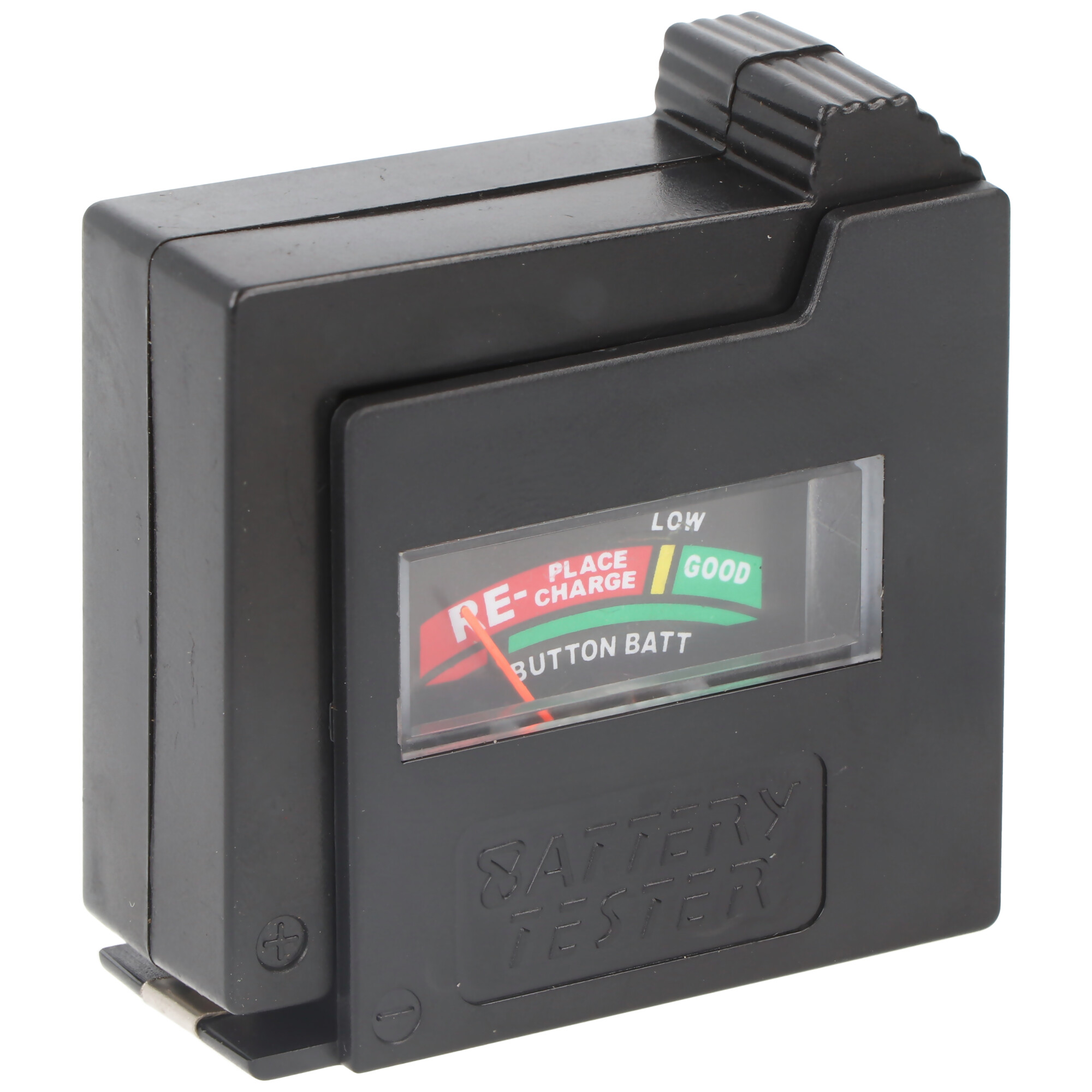 Schwarzer Knopfzellenbatterietester mit analoger Anzeige für "RE-CHARGE" und "GOOD".