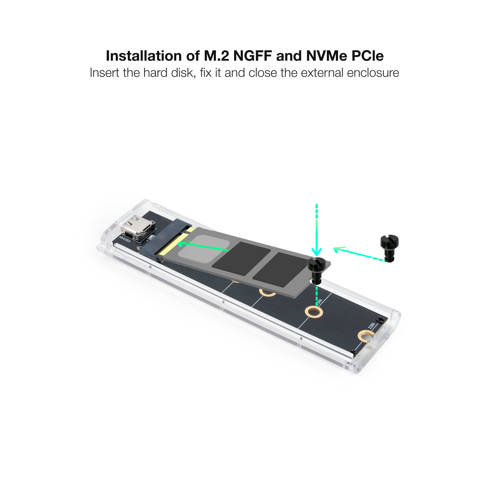 Ein M.2 SSD-Gehäuse mit installierter SSD und Befestigungsschrauben.