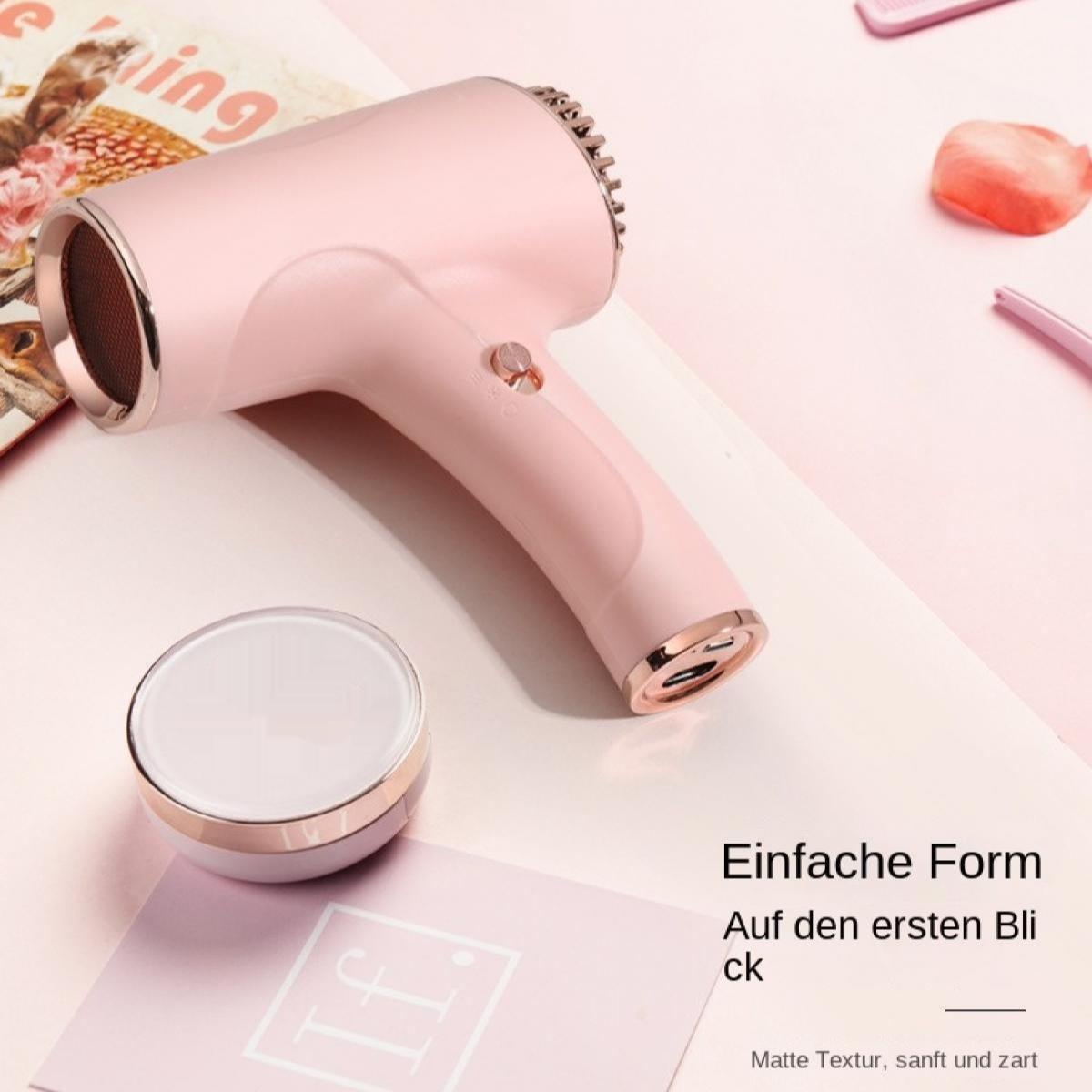 Ein rosa Haartrockner liegt neben einer Dose und einer Zeitschrift.