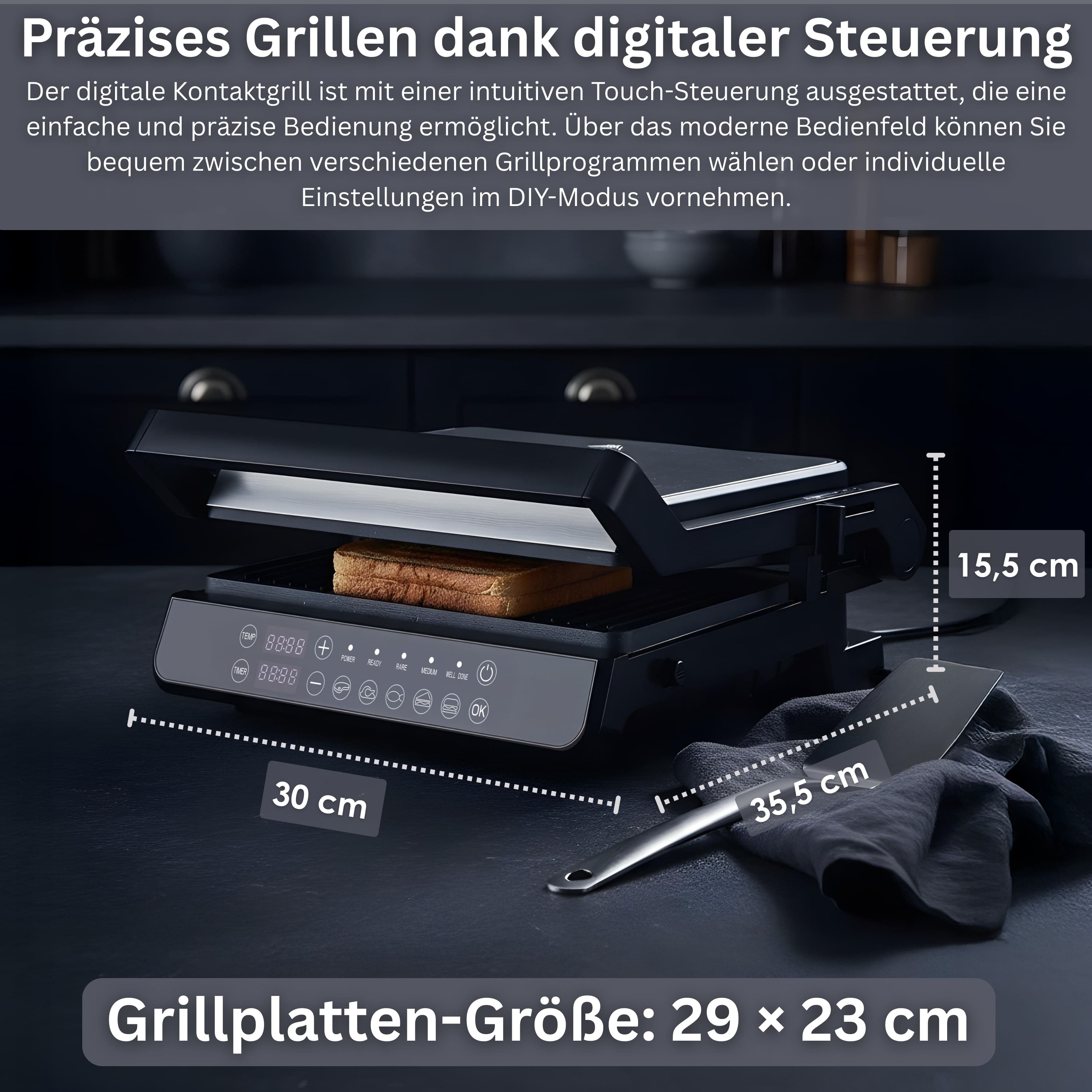 Dokunmatik ekranlı dijital kontakt ızgara ve bir dilim tost.