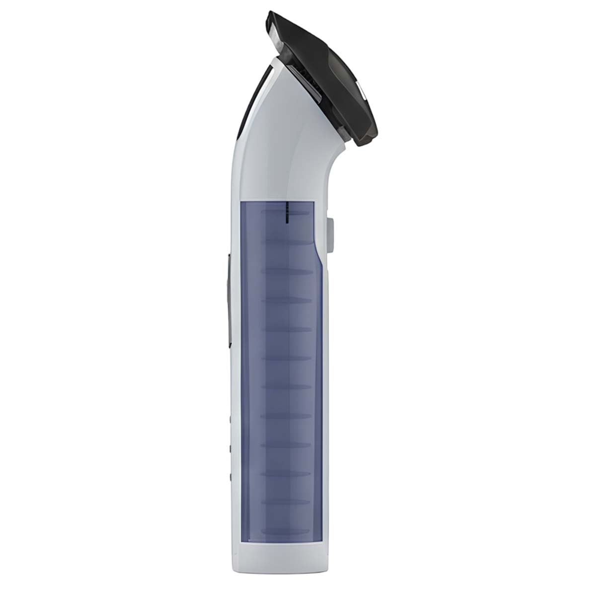 Une tondeuse blanche et noire avec un réservoir bleu transparent.