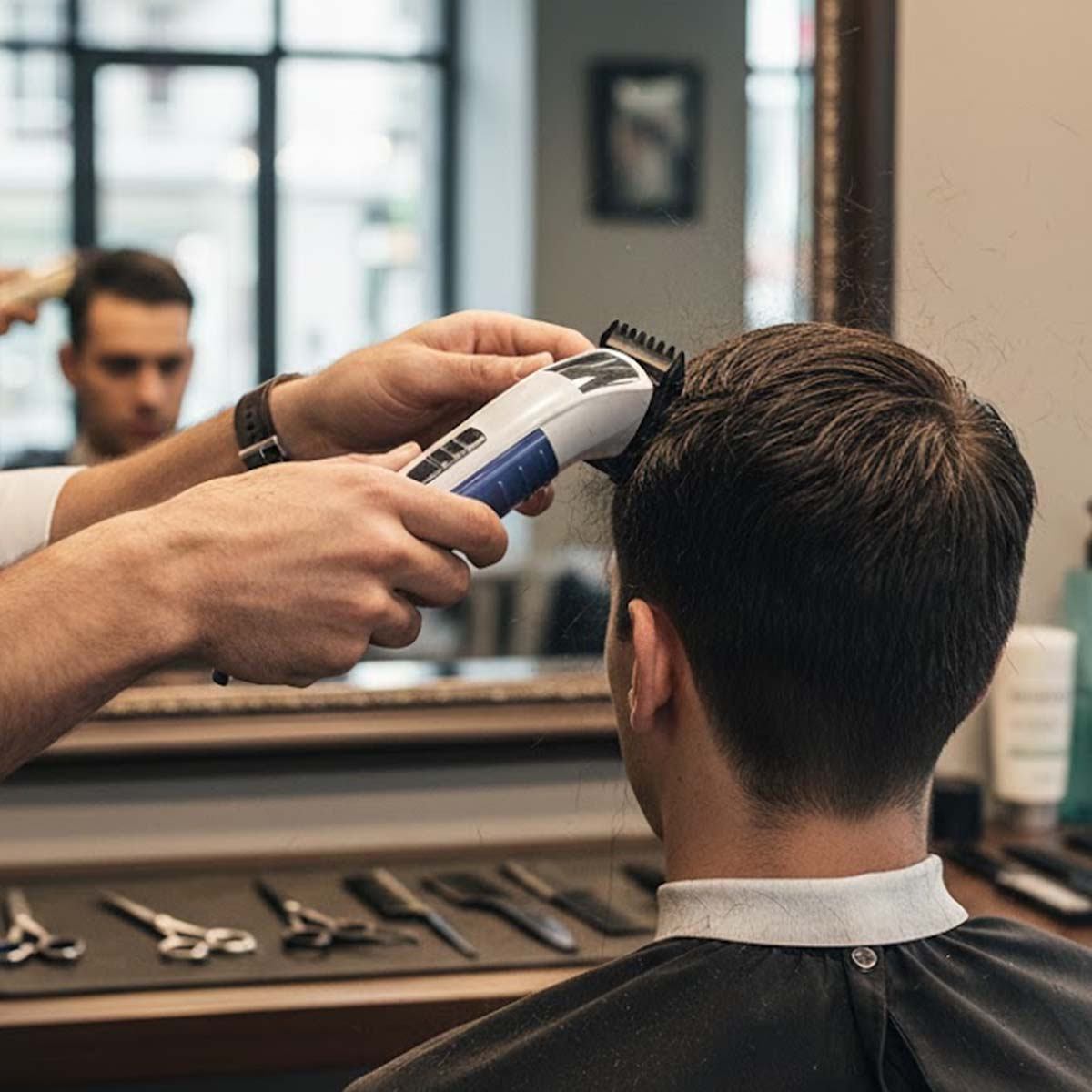 Un coiffeur coupe les cheveux d'un homme avec une tondeuse électrique dans un salon.