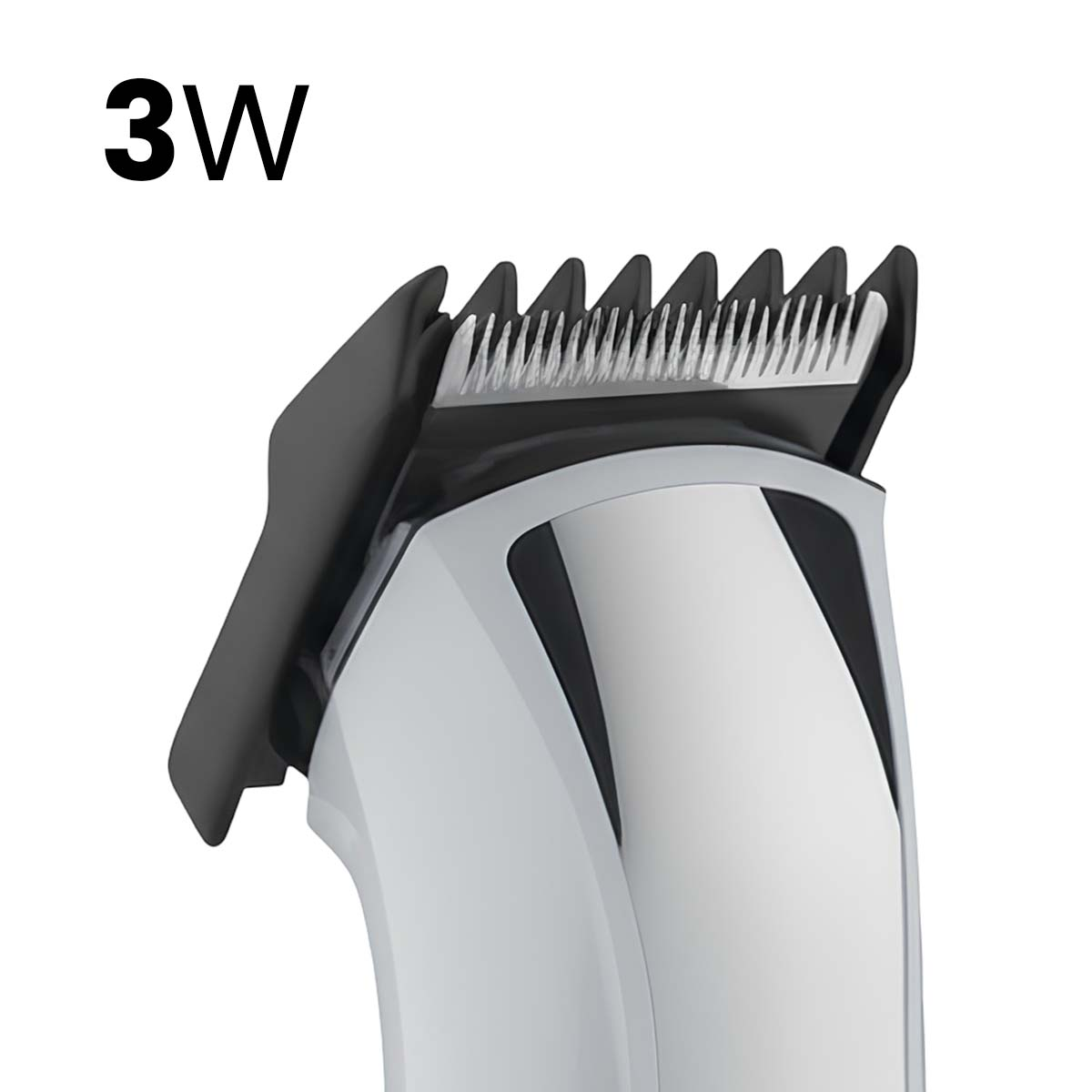 Gros plan d'une tondeuse avec corps argenté et accessoire noir. 3W.