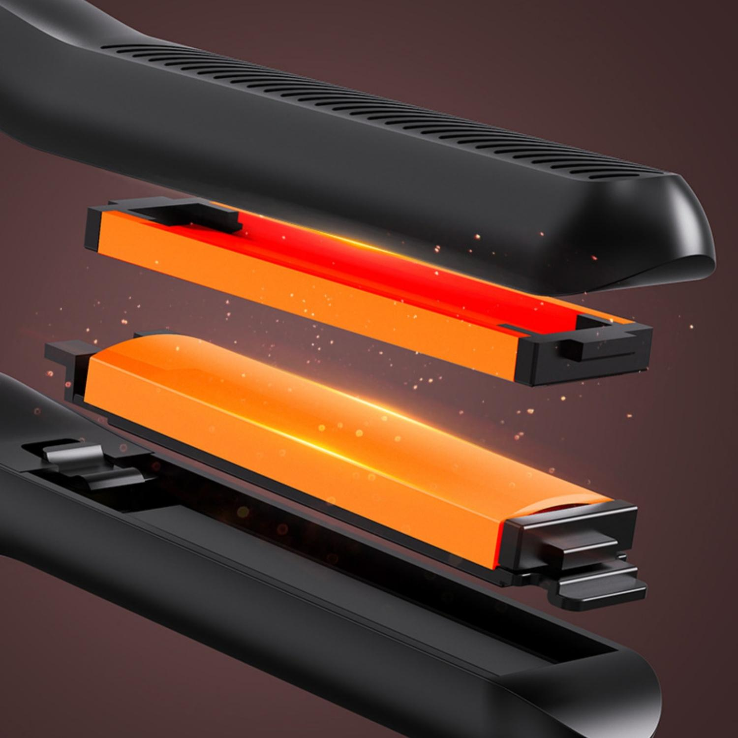 Ein schwarzes Haarstyling-Gerät mit leuchtend orangen Heizelementen.