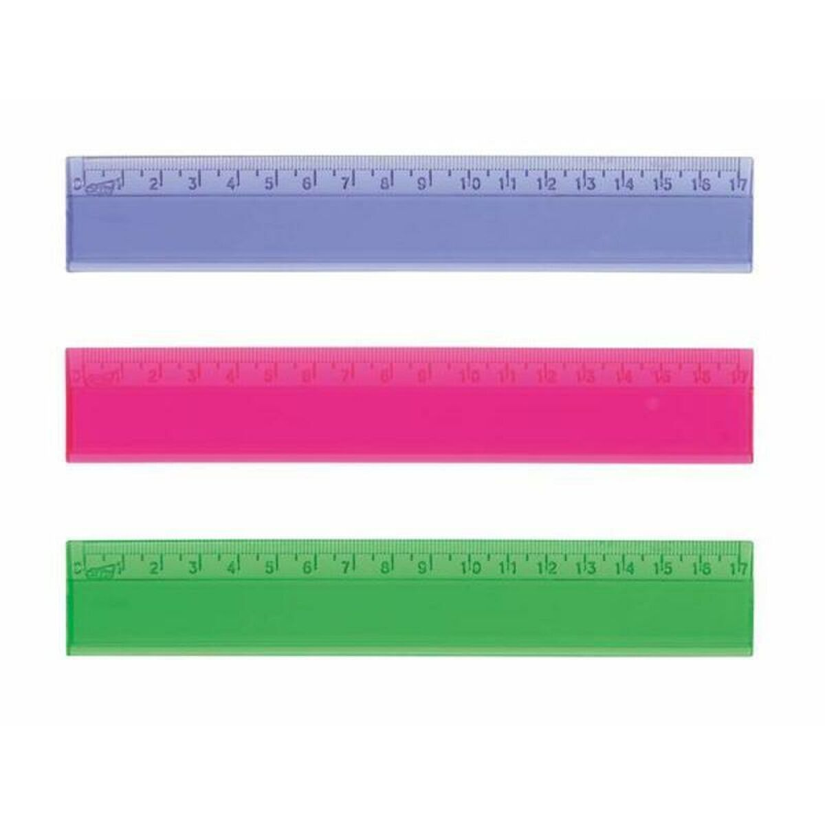 Drei durchsichtige Lineale in Blau, Pink und Grün, auf weißem Hintergrund.