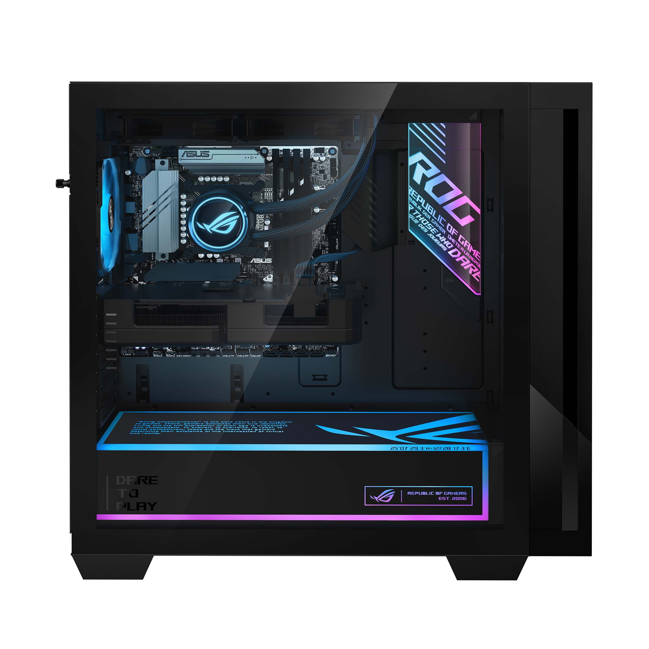 Ein moderner PC mit RGB-Beleuchtung, Sicht auf Motherboard und Grafikkarte.