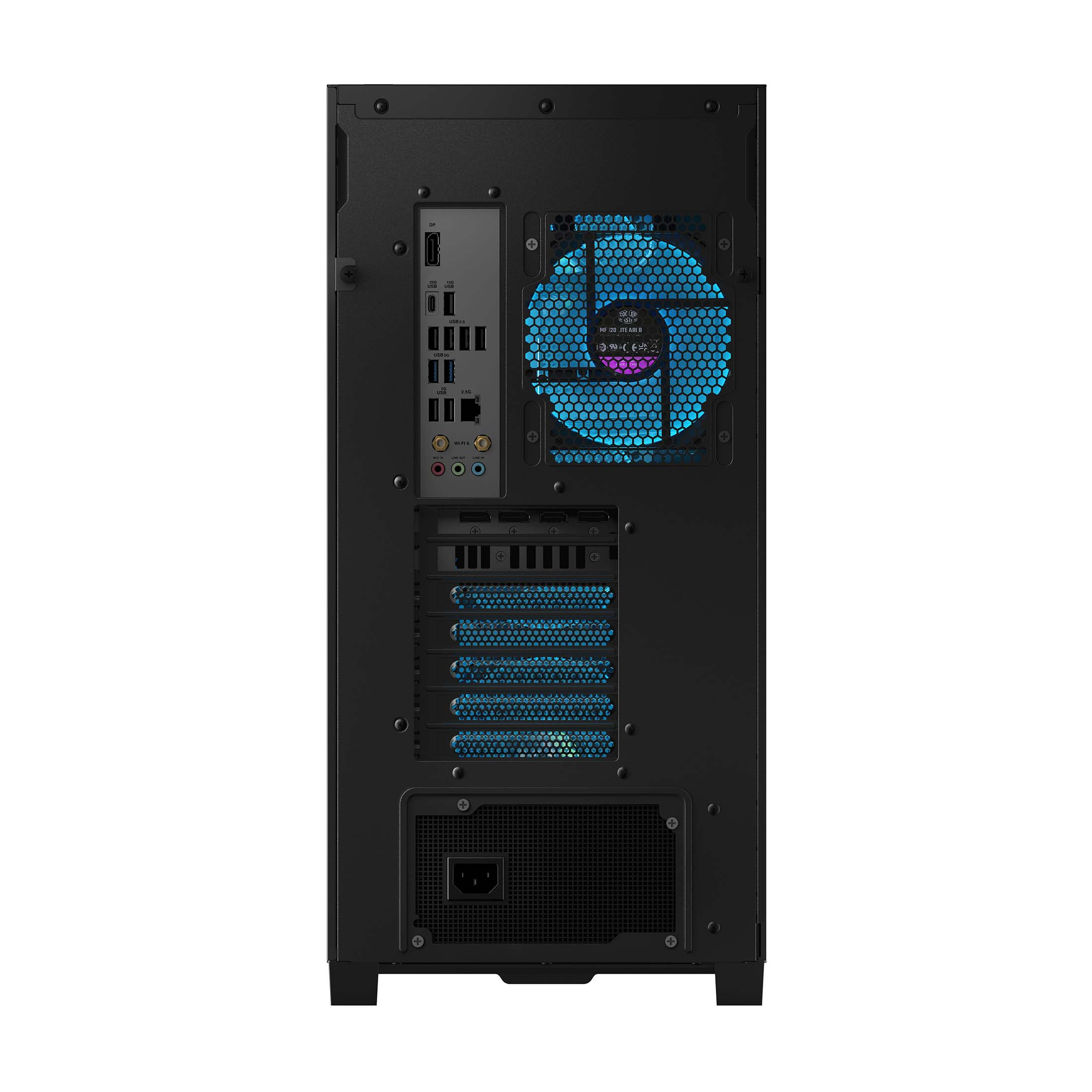 Rückseite eines schwarzen PCs mit Lüfter, Anschlüssen und Netzteil.