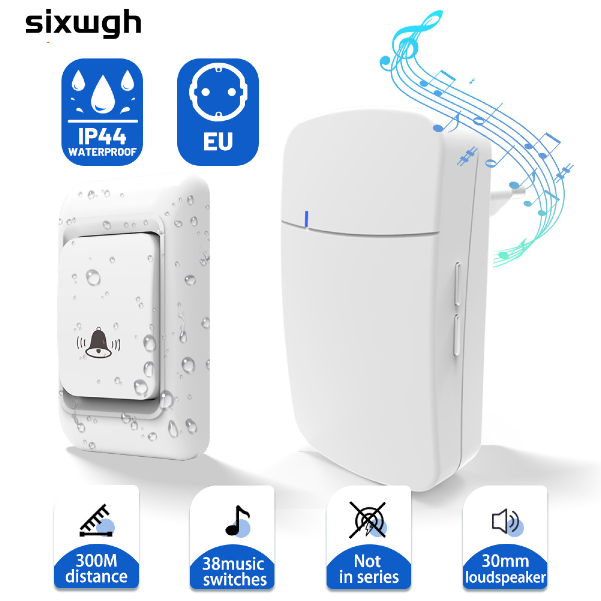 Ein weißer Türklingel-Sender und -Empfänger, IP44 wasserdicht, EU-Stecker.