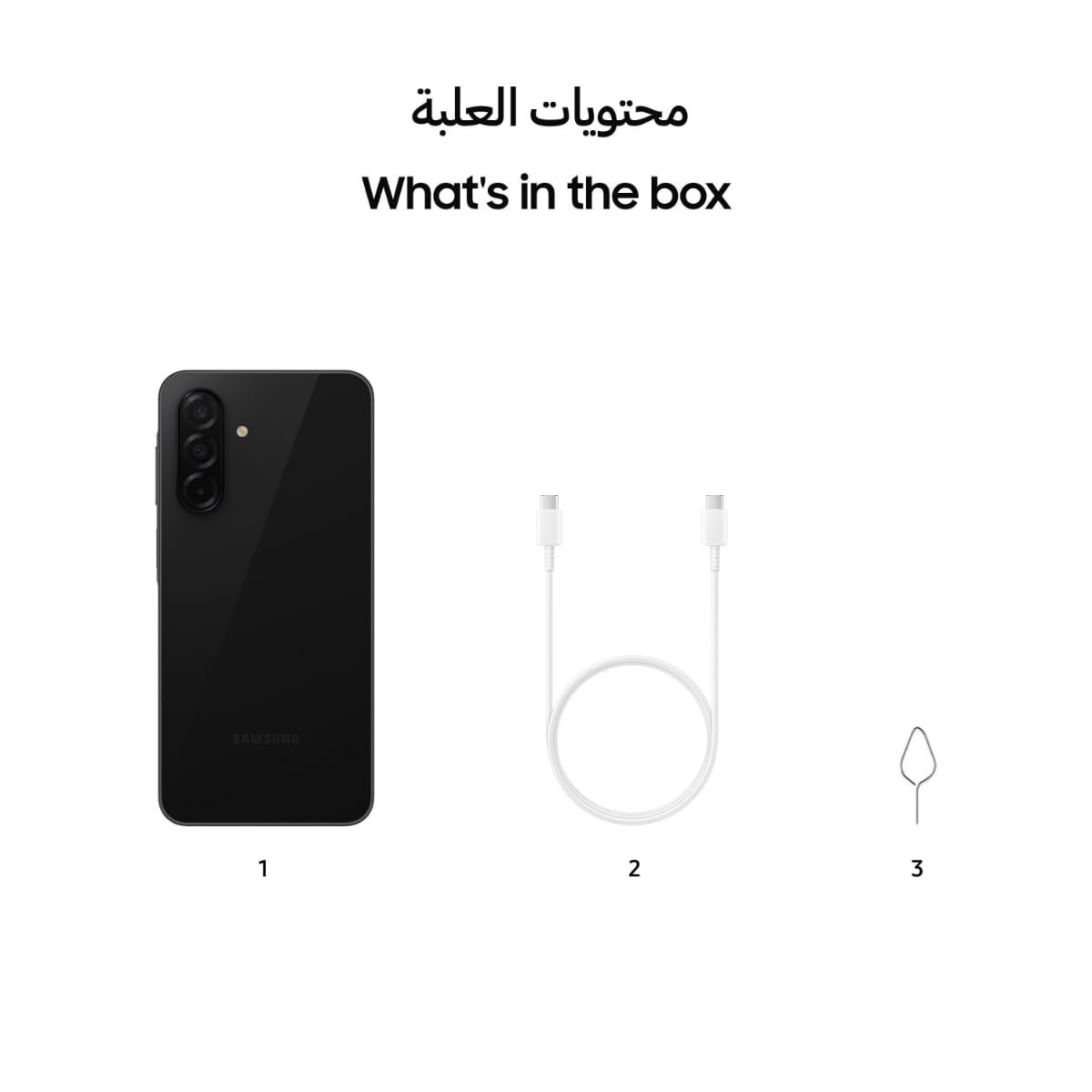 Ein schwarzes Smartphone, ein weißes USB-C-Kabel und ein SIM-Karten-Tool.