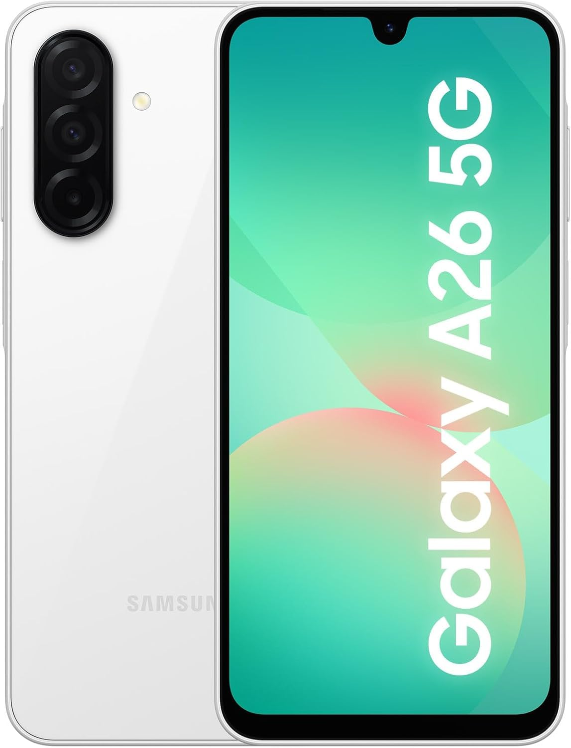 Ein weißes Samsung Galaxy A26 5G Smartphone mit drei Kameras auf der Rückseite.
