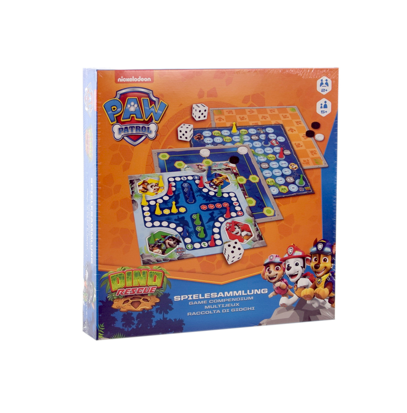 Paw Patrol Spielbox mit Dino Rescue Thema, Würfeln und Spielfiguren.