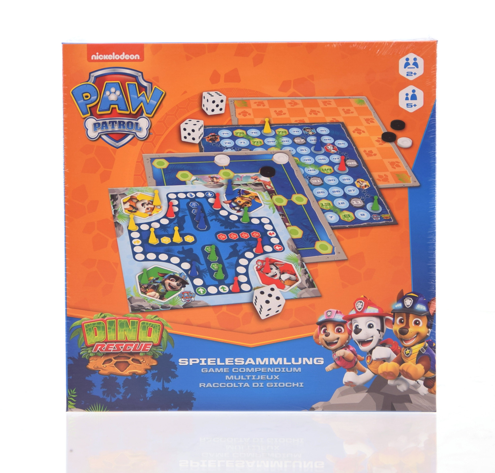 Paw Patrol Brettspiel-Sammlung mit Spielfiguren und Würfeln.