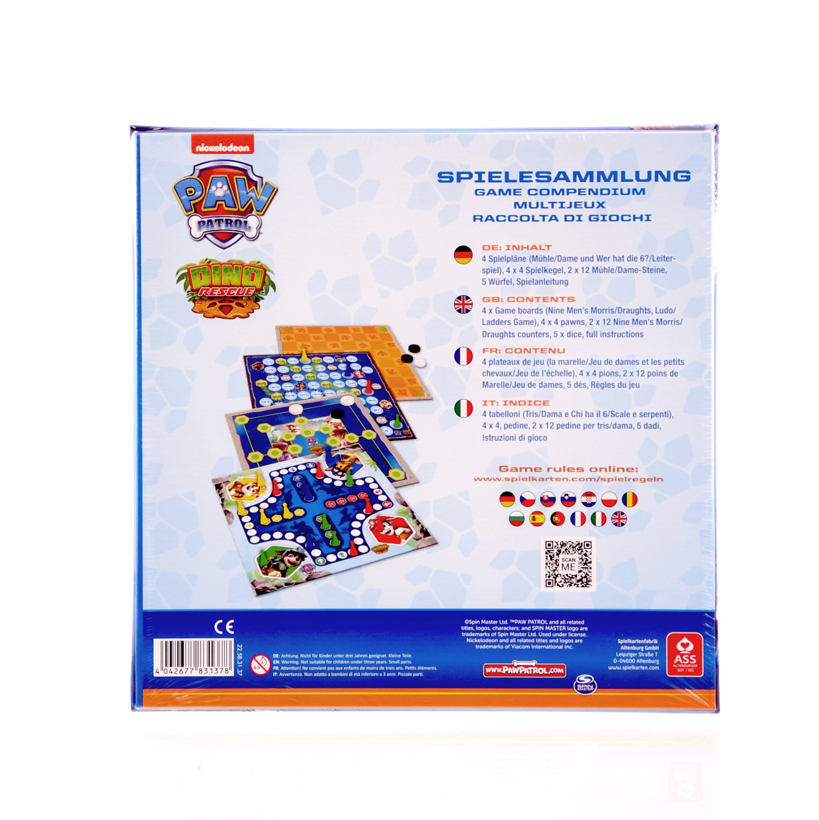 Paw Patrol Spielesammlung mit Brettspielen und Spielfiguren.