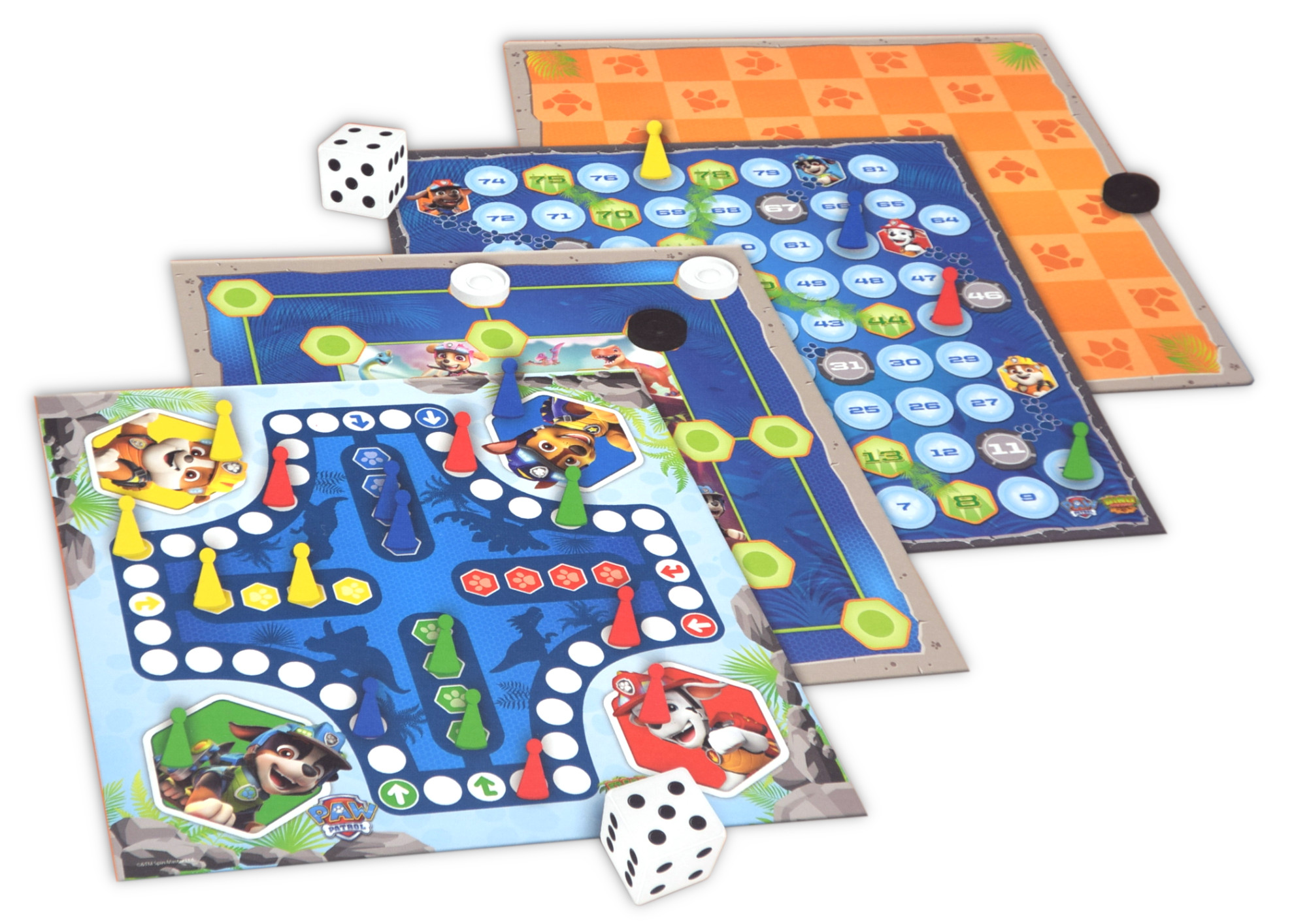 Brettspiele mit Paw Patrol-Figuren, Würfel und Spielfiguren auf weißem Hintergrund.