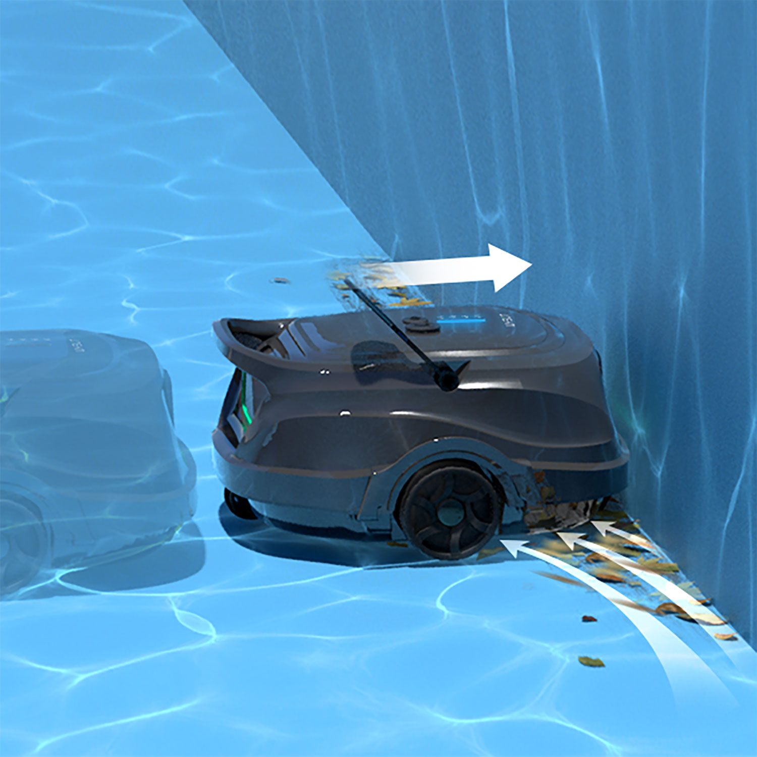 Ein Poolroboter reinigt Laub vom Beckenboden.