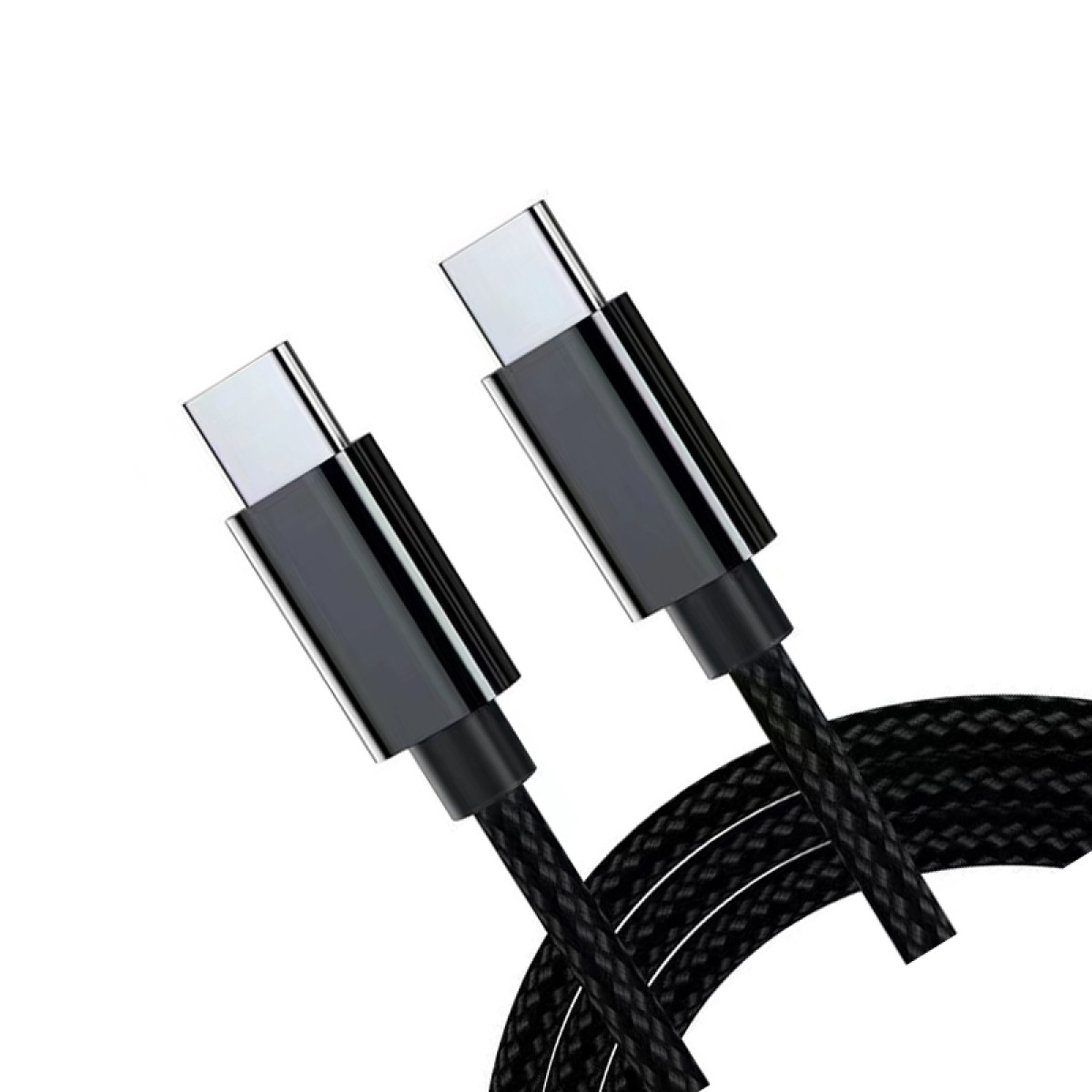 Zwei schwarze USB-C-Kabel mit silbernen Anschlüssen auf weißem Hintergrund.