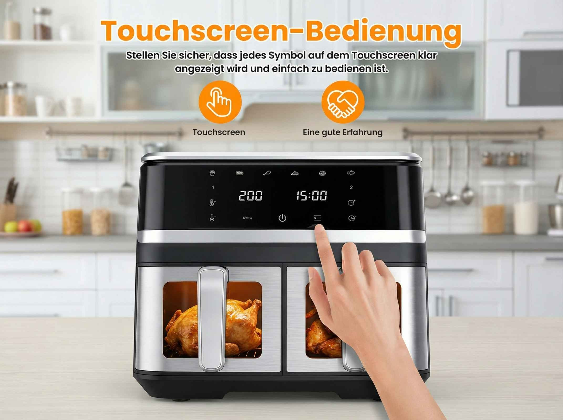 Ein moderner Doppel-Heißluftfritteuse mit zwei Hähnchen wird bedient.