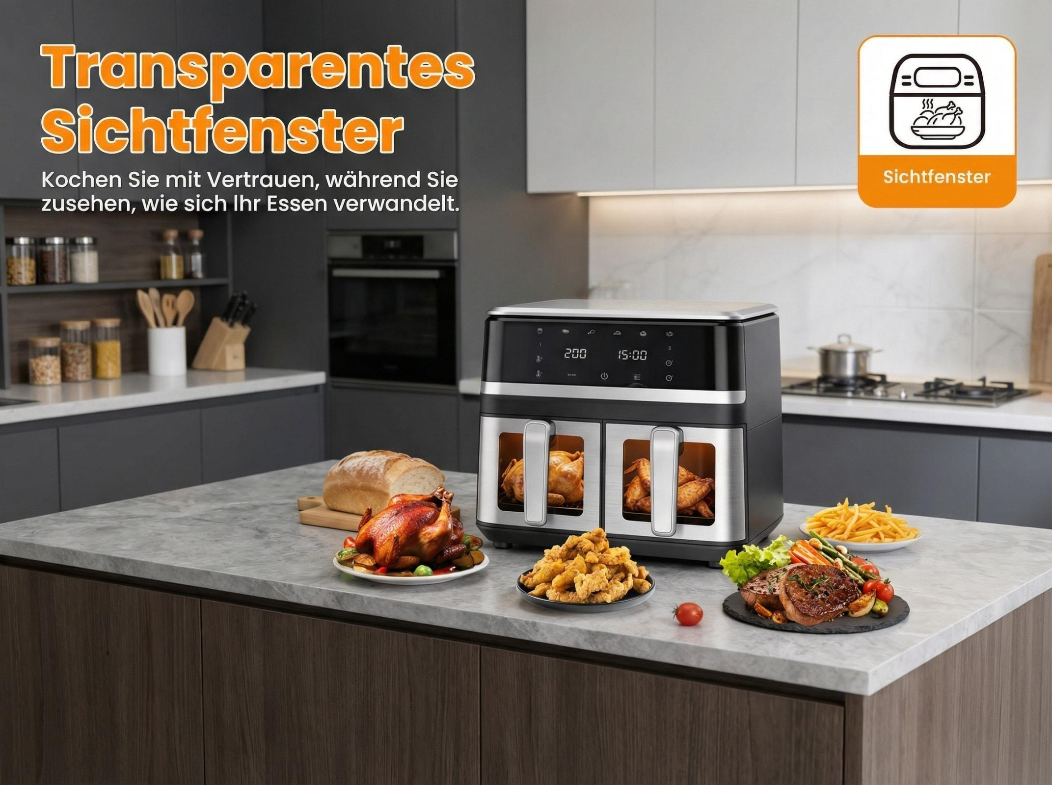 Ein Doppelsichtfenster-Heißluftfritteuse mit Braten, Hähnchen & Pommes.