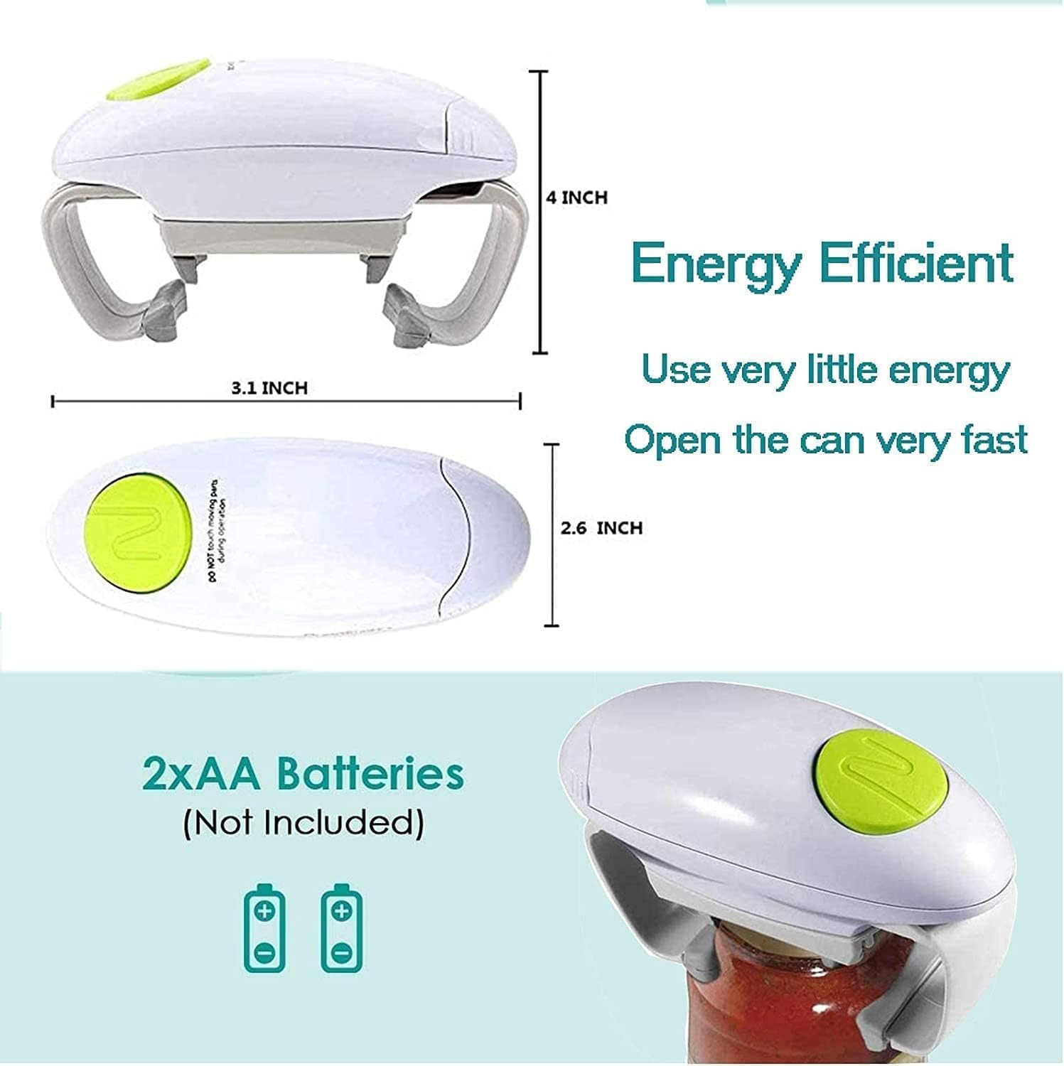 Ein weißer elektrischer Dosenöffner mit grünem Knopf, 3,1 Zoll breit.