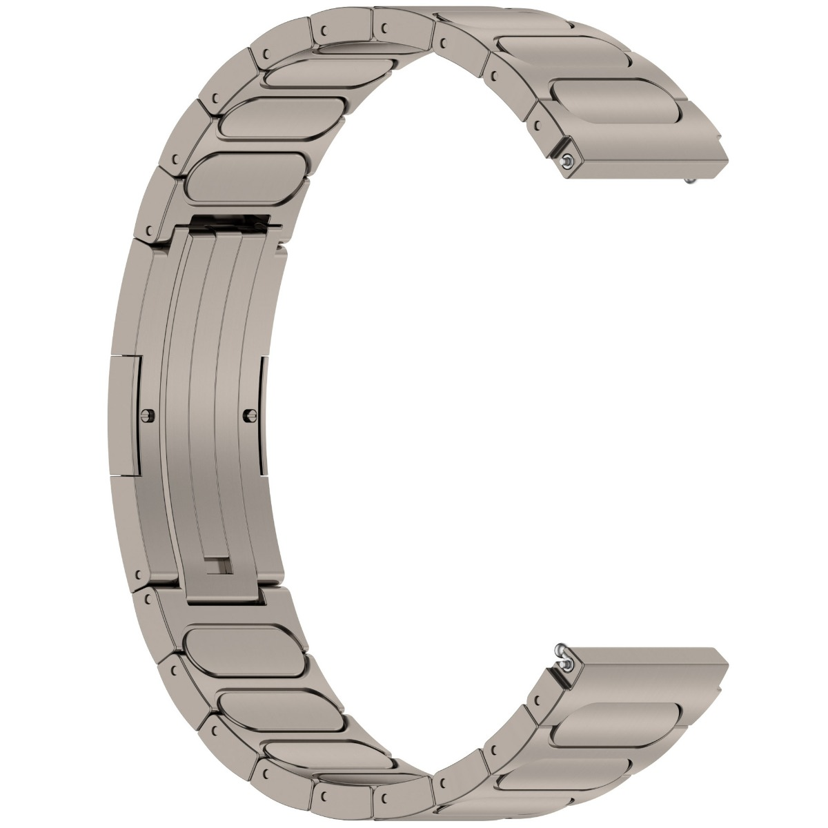 Un cinturino d'orologio in metallo grigio, isolato su sfondo bianco.