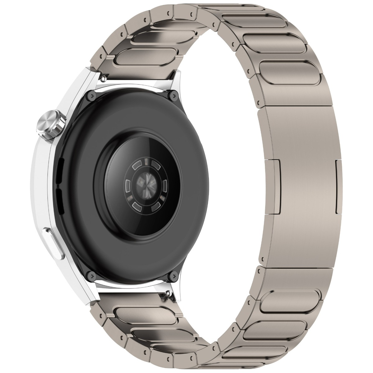 Retro di uno smartwatch con display nero e cinturino in metallo argentato.