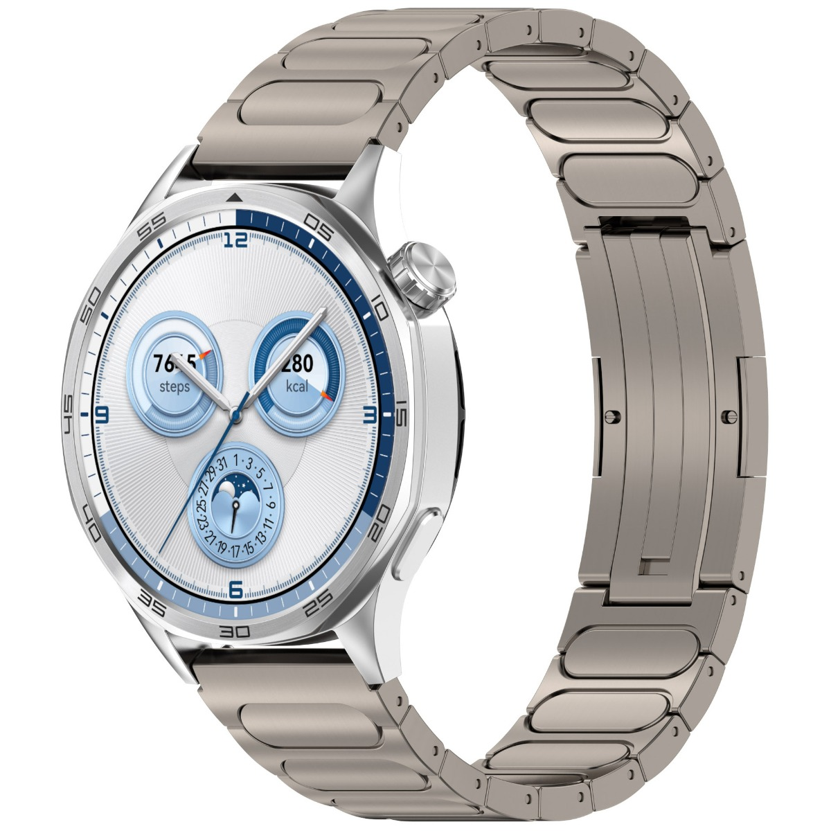 Uno smartwatch argentato con cinturino in metallo e quadrante bianco mostra dati.