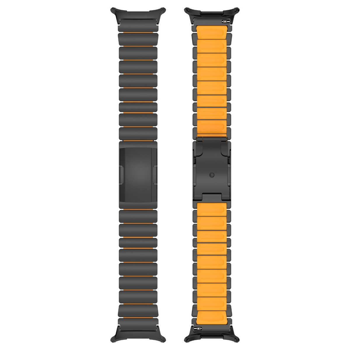 Zwei schwarze Armbänder mit orangen Akzenten, auf weißem Hintergrund.