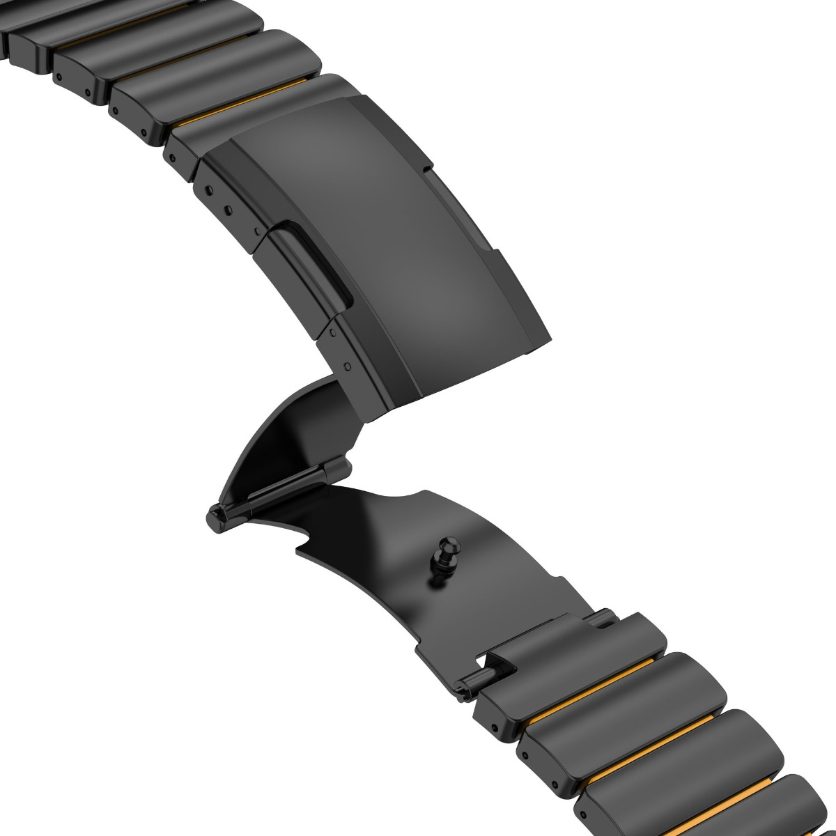 Schwarzes, offenes Uhrenarmband mit Metallschnalle und goldenen Akzenten.