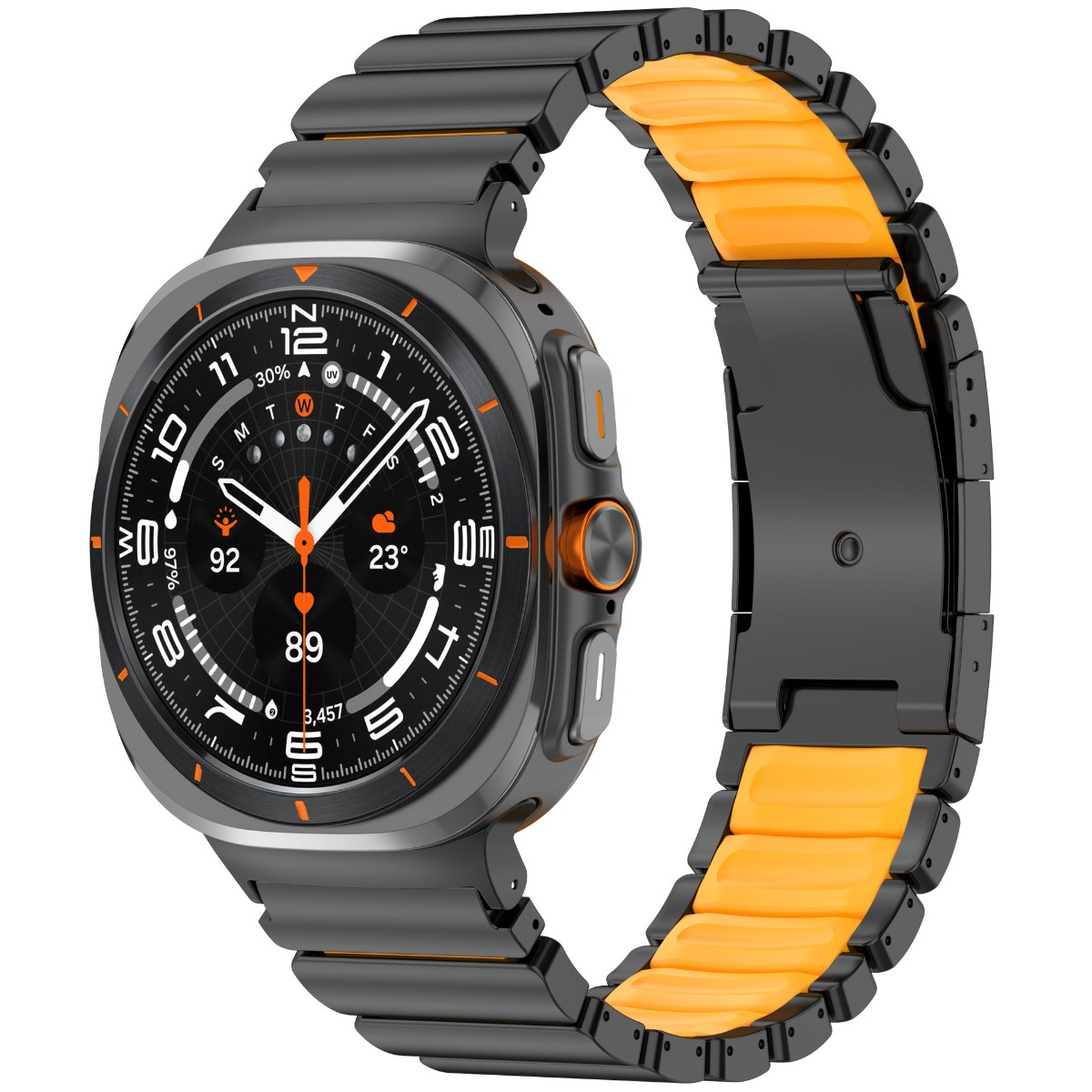 Eine schwarze Smartwatch mit orangenem Armband und digitalem Zifferblatt.