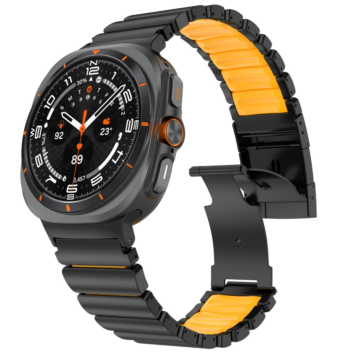 Eine schwarze Smartwatch mit orangen Akzenten und einem Armband mit schwarzer Außenseite und orangefarbener Innenseite.