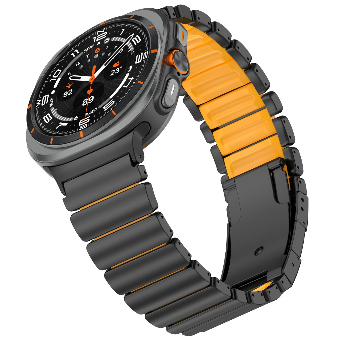 Eine graue Smartwatch mit einem schwarzen und orangefarbenen Armband. Der Bildschirm zeigt Informationen.
