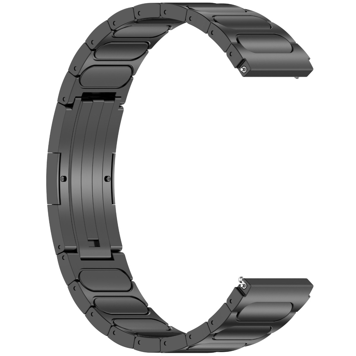 Ein dunkles, metallisches Uhrenarmband aus Gliedern.