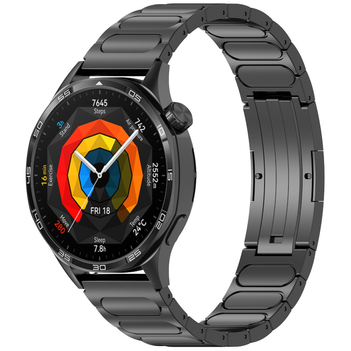 Eine schwarze Smartwatch mit Metallarmband zeigt Aktivitätsdaten wie Schritte, Bewegung und Schlaf.