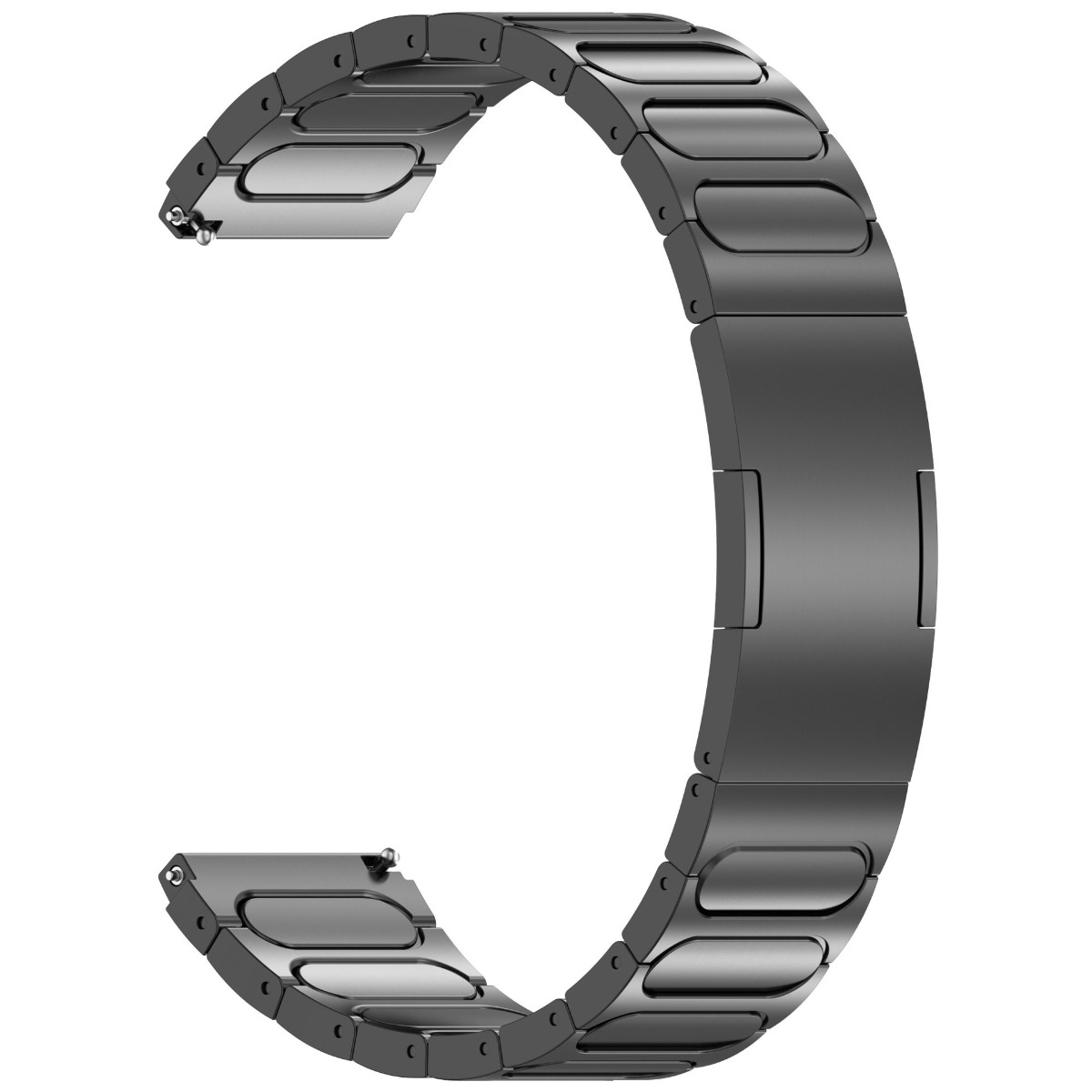 Ein dunkles, glänzendes Metallarmband für eine Uhr, das sich in einer C-Form biegt.