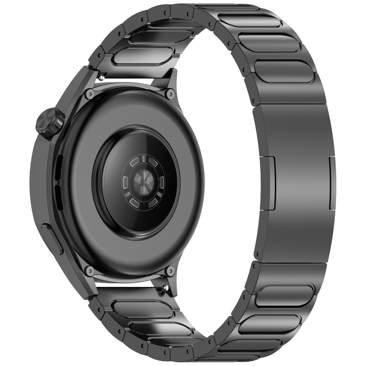 Rückseite einer schwarzen Smartwatch mit Metallarmband und Herzfrequenzsensor.